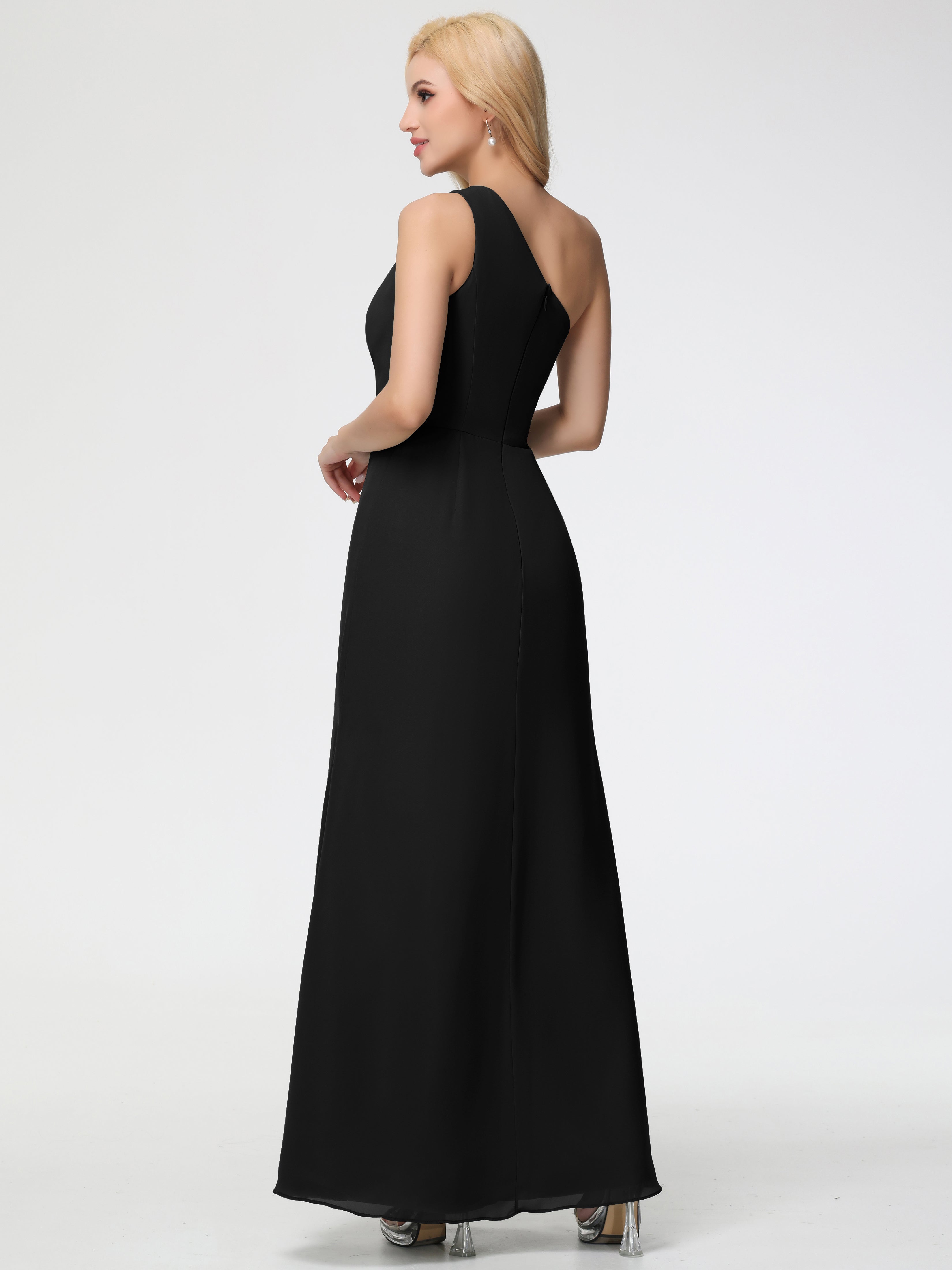 Robe Demoiselle D Honneur Noire Seule-Épaule Fendue Trapèze Mousseline Robe Demoiselle D'Honneur