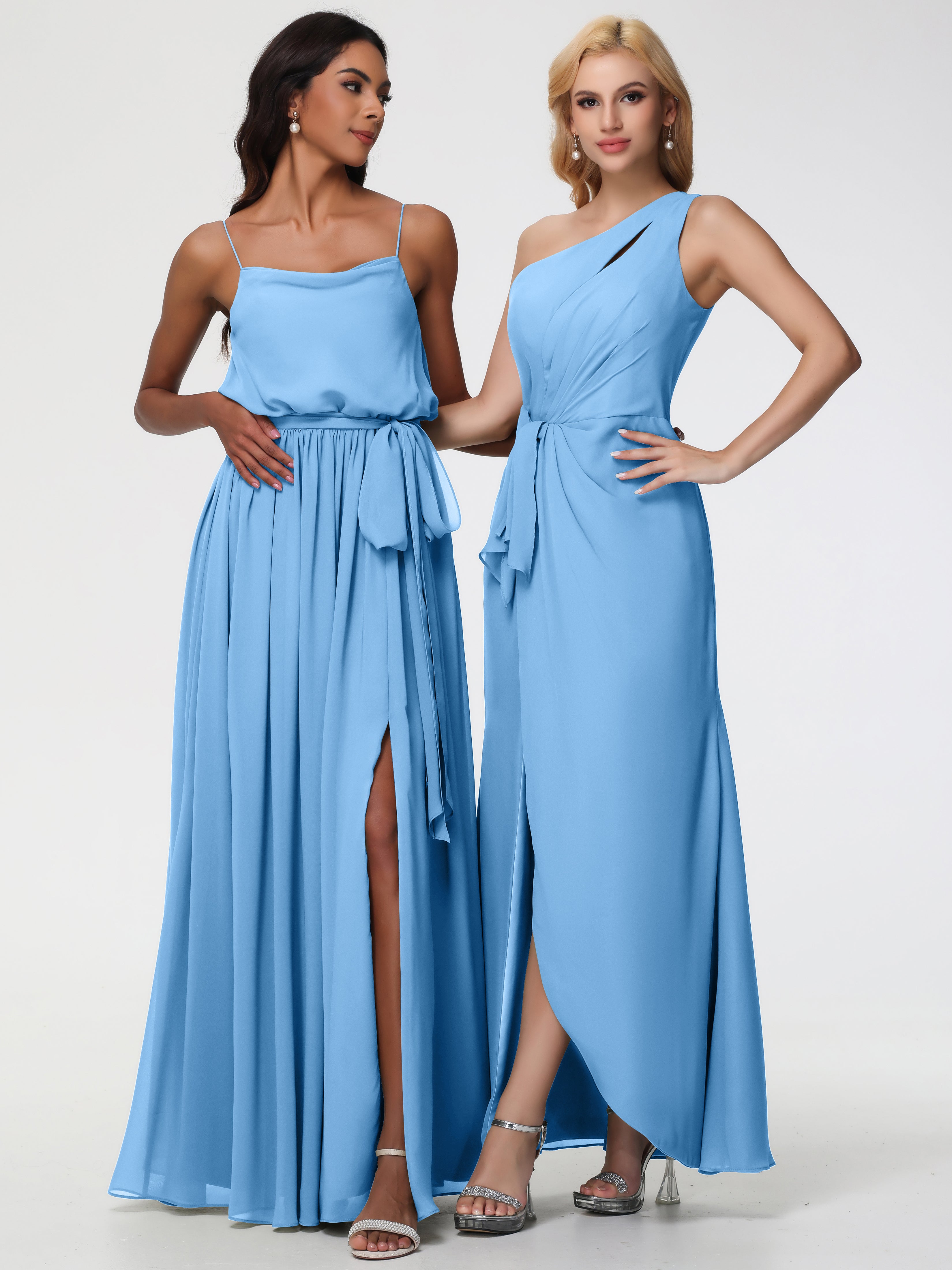Robe Bleue Demoiselle D Honneur Seule-Épaule Fendue Trapèze Mousseline Robe Demoiselle D'Honneur
