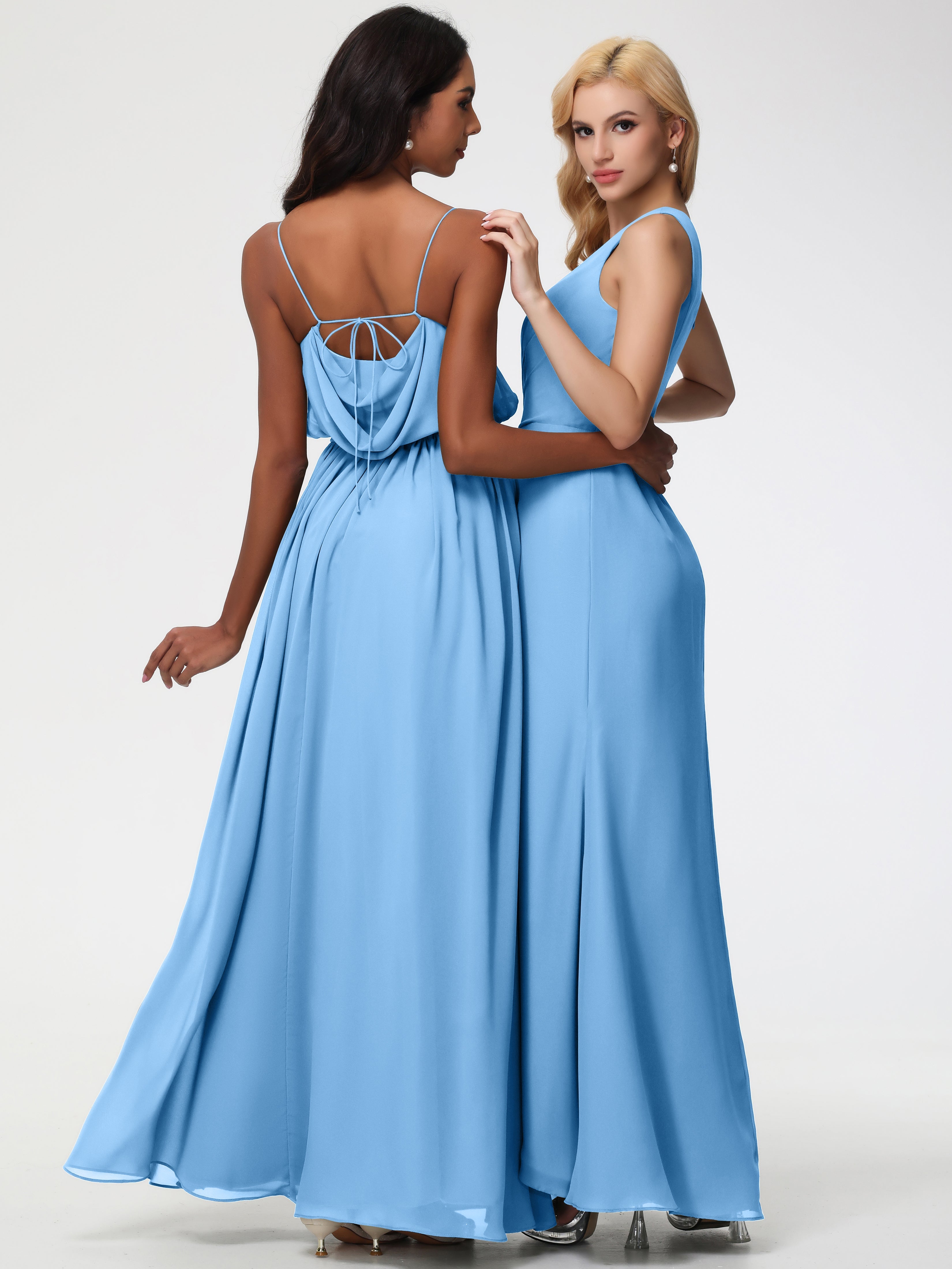 Robe Bleue Demoiselle D Honneur Seule-Épaule Fendue Trapèze Mousseline Robe Demoiselle D'Honneur