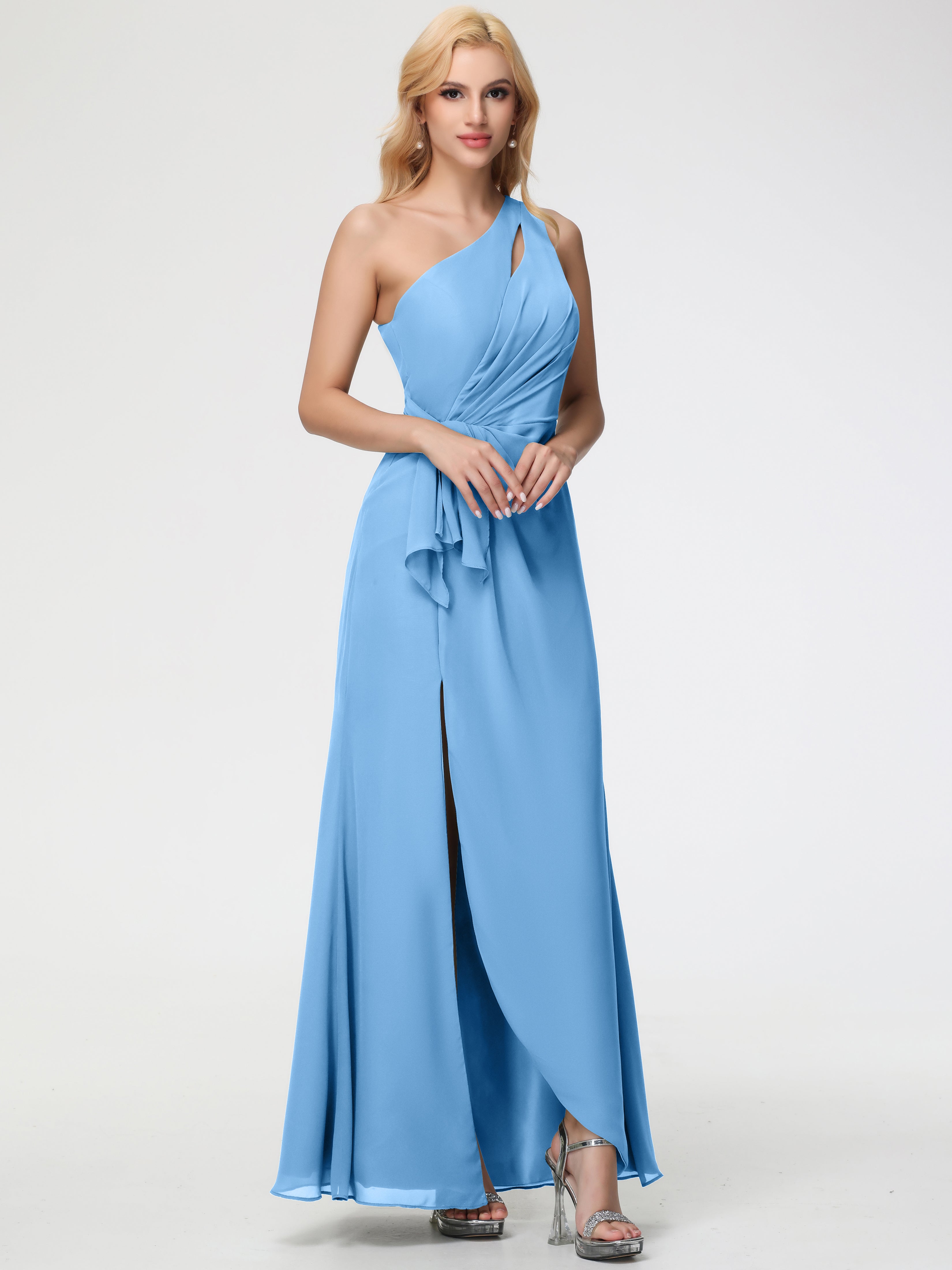 Robe Bleue Demoiselle D Honneur Seule-Épaule Fendue Trapèze Mousseline Robe Demoiselle D'Honneur