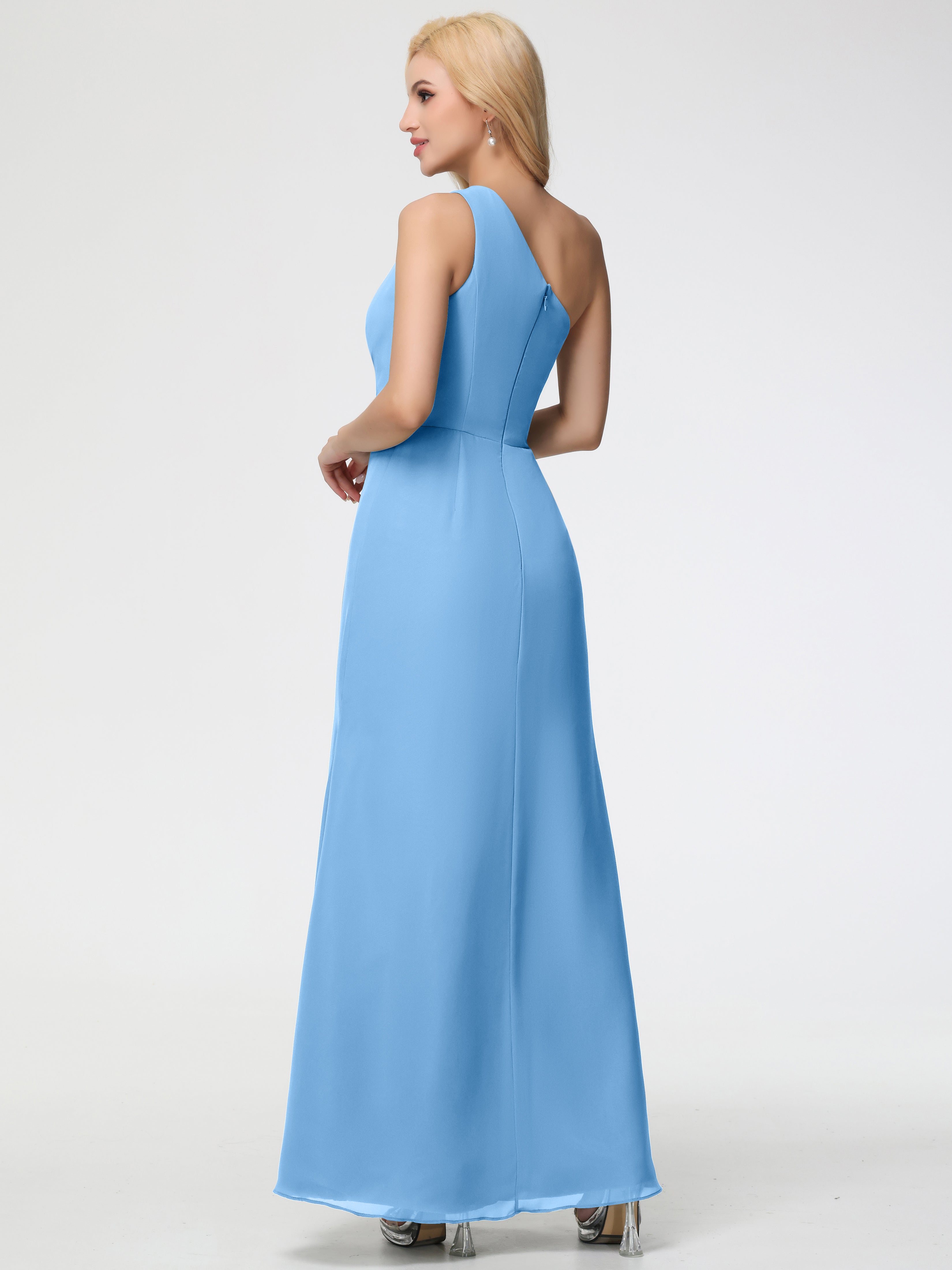 Robe Bleue Demoiselle D Honneur Seule-Épaule Fendue Trapèze Mousseline Robe Demoiselle D'Honneur