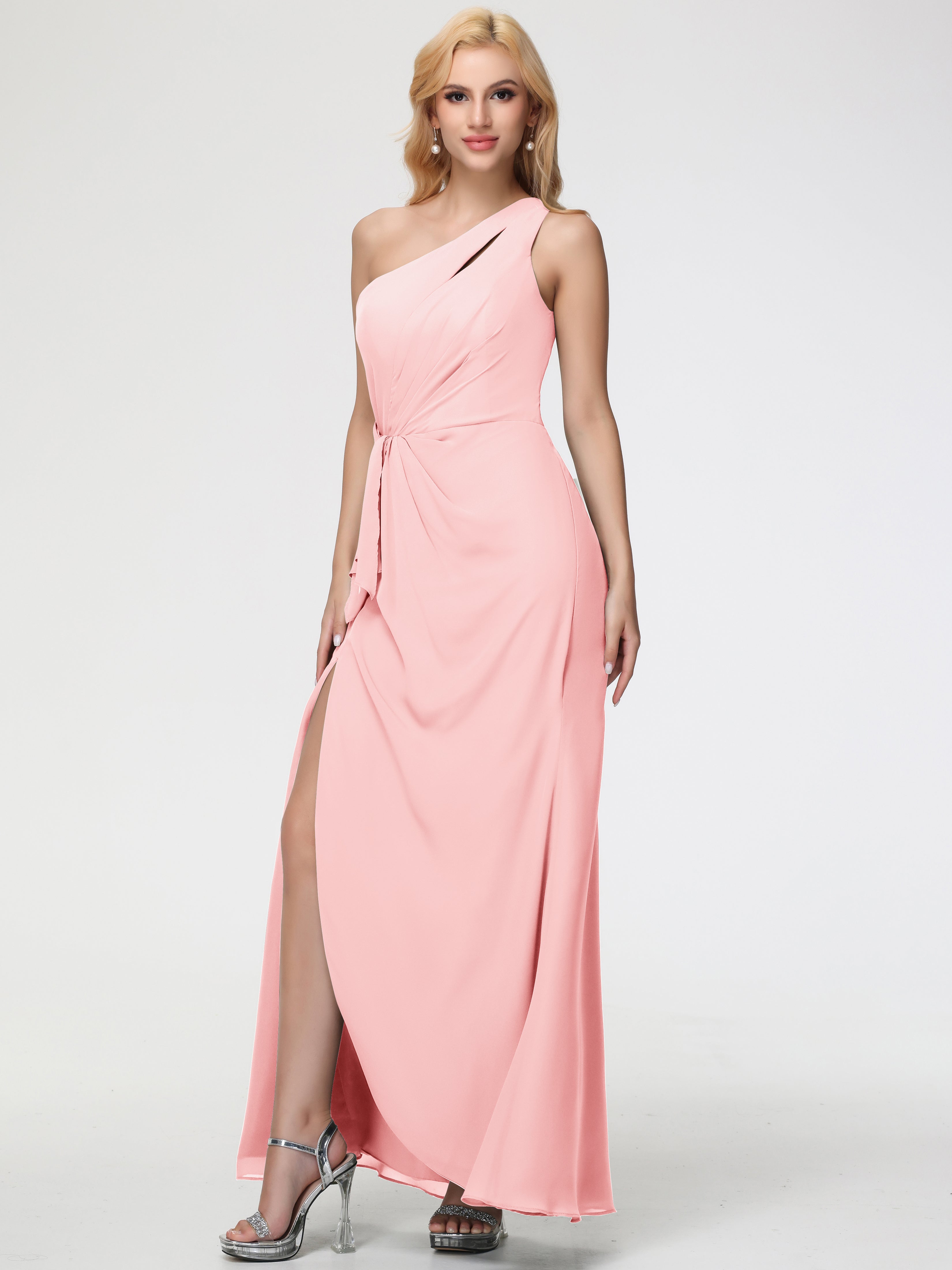 Robe De Demoiselle D Honneur Rose Seule-Épaule Fendue Trapèze Mousseline Robe Demoiselle D'Honneur