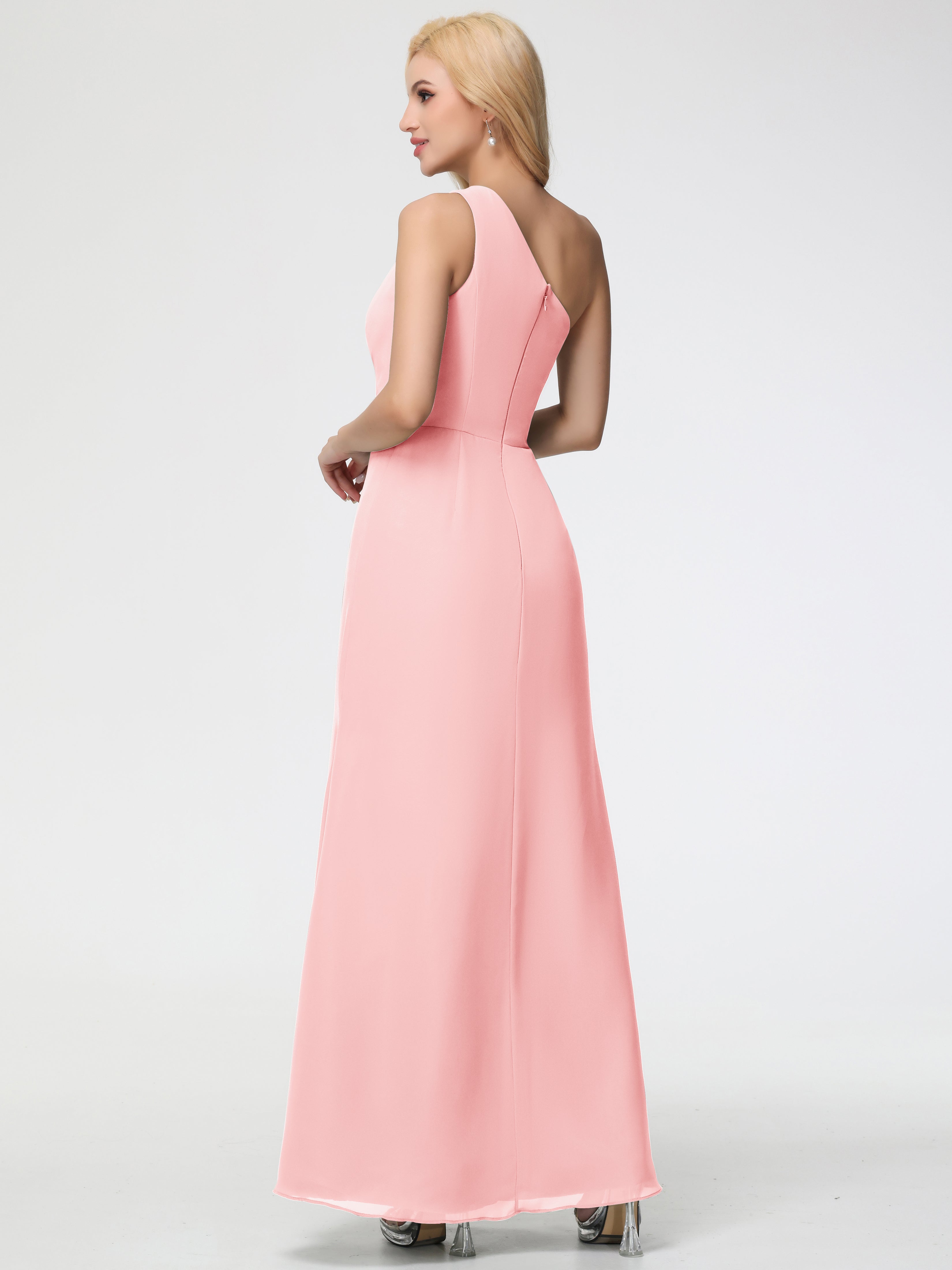 Robe De Demoiselle D Honneur Rose Seule-Épaule Fendue Trapèze Mousseline Robe Demoiselle D'Honneur