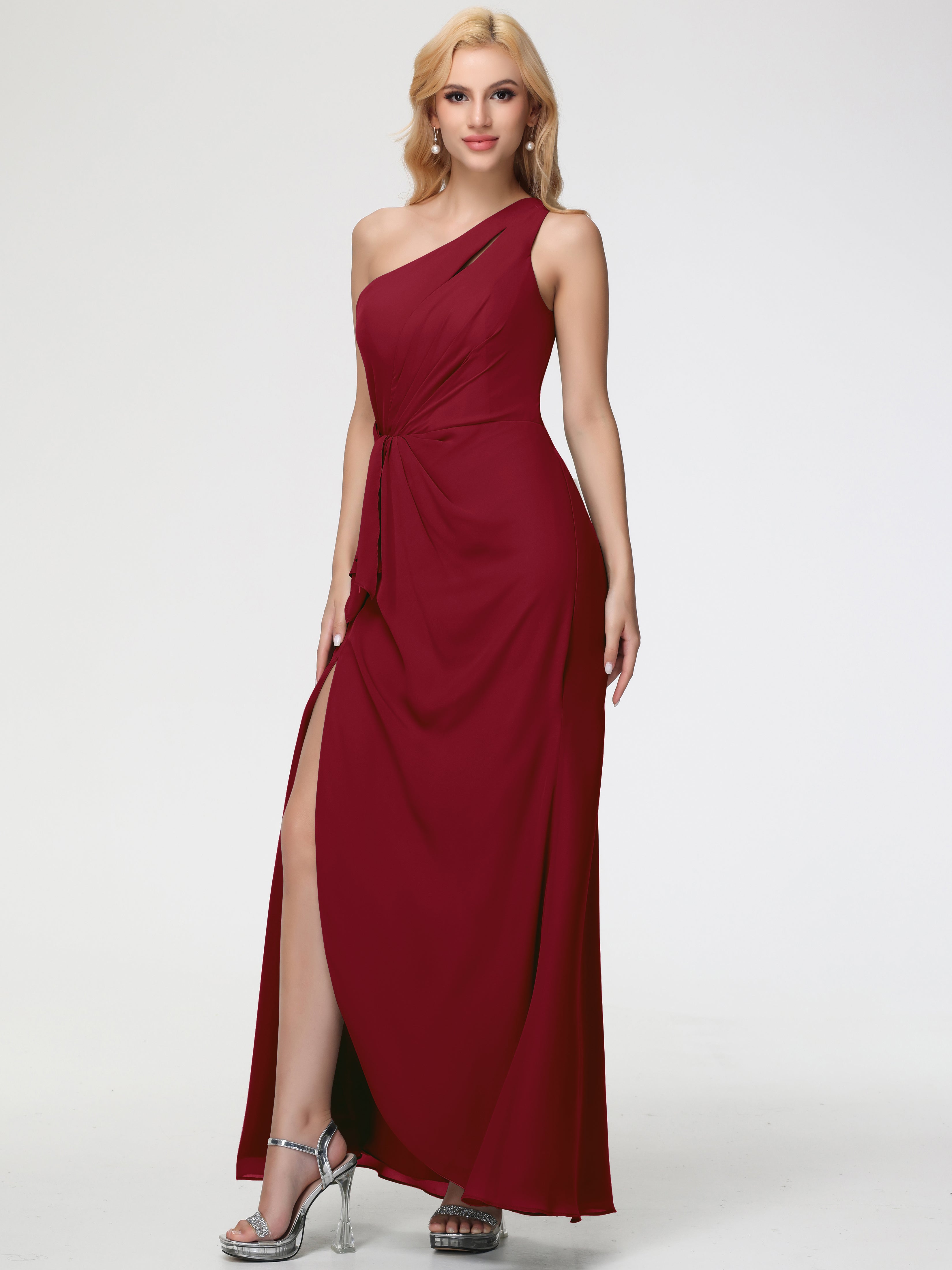 Robe Bordeaux Mariage Demoiselle D Honneur Seule-Épaule Fendue Trapèze Mousseline Robe Demoiselle D'Honneur
