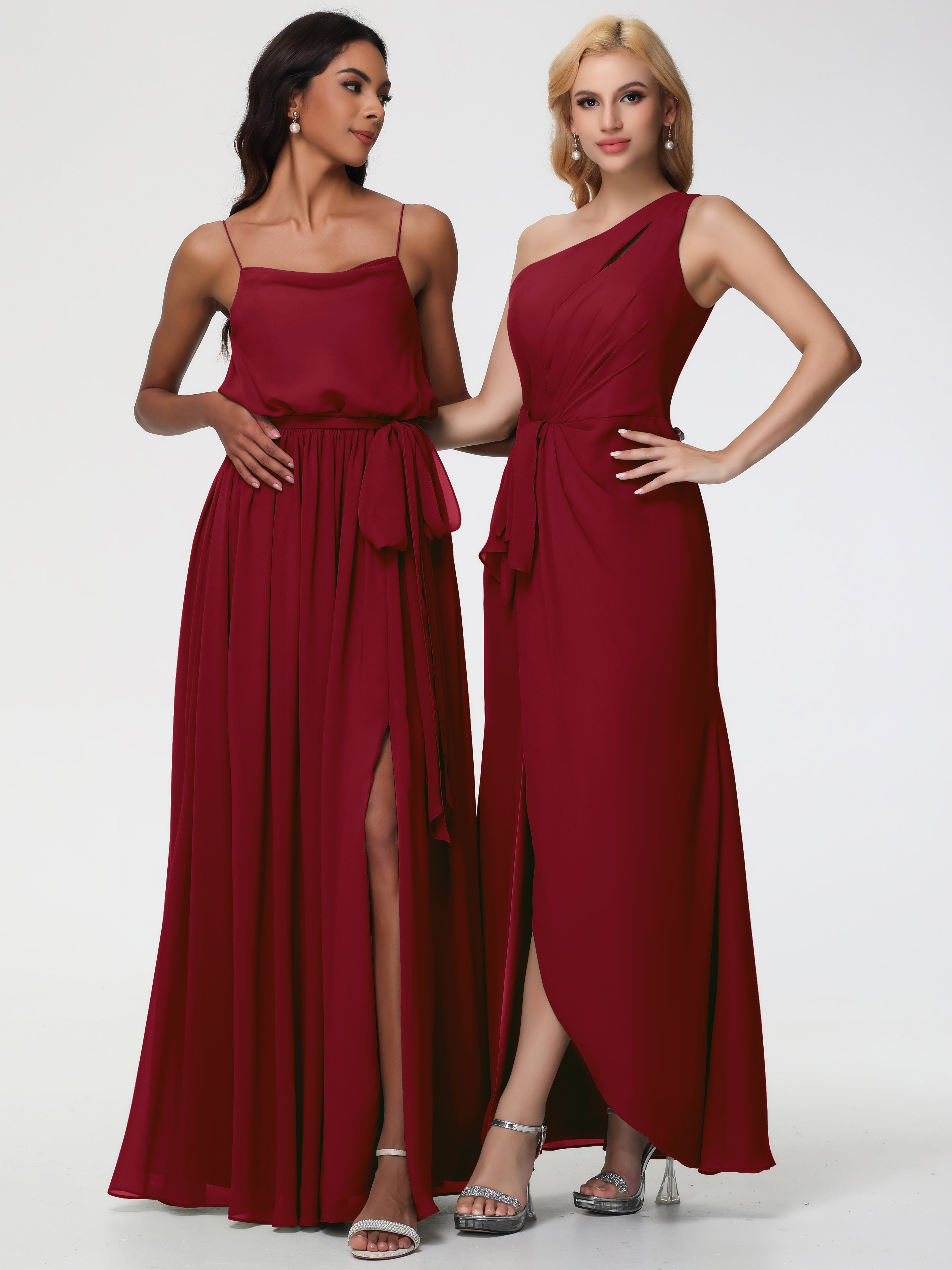 Robe Bordeaux Mariage Demoiselle D Honneur Seule-Épaule Fendue Trapèze Mousseline Robe Demoiselle D'Honneur