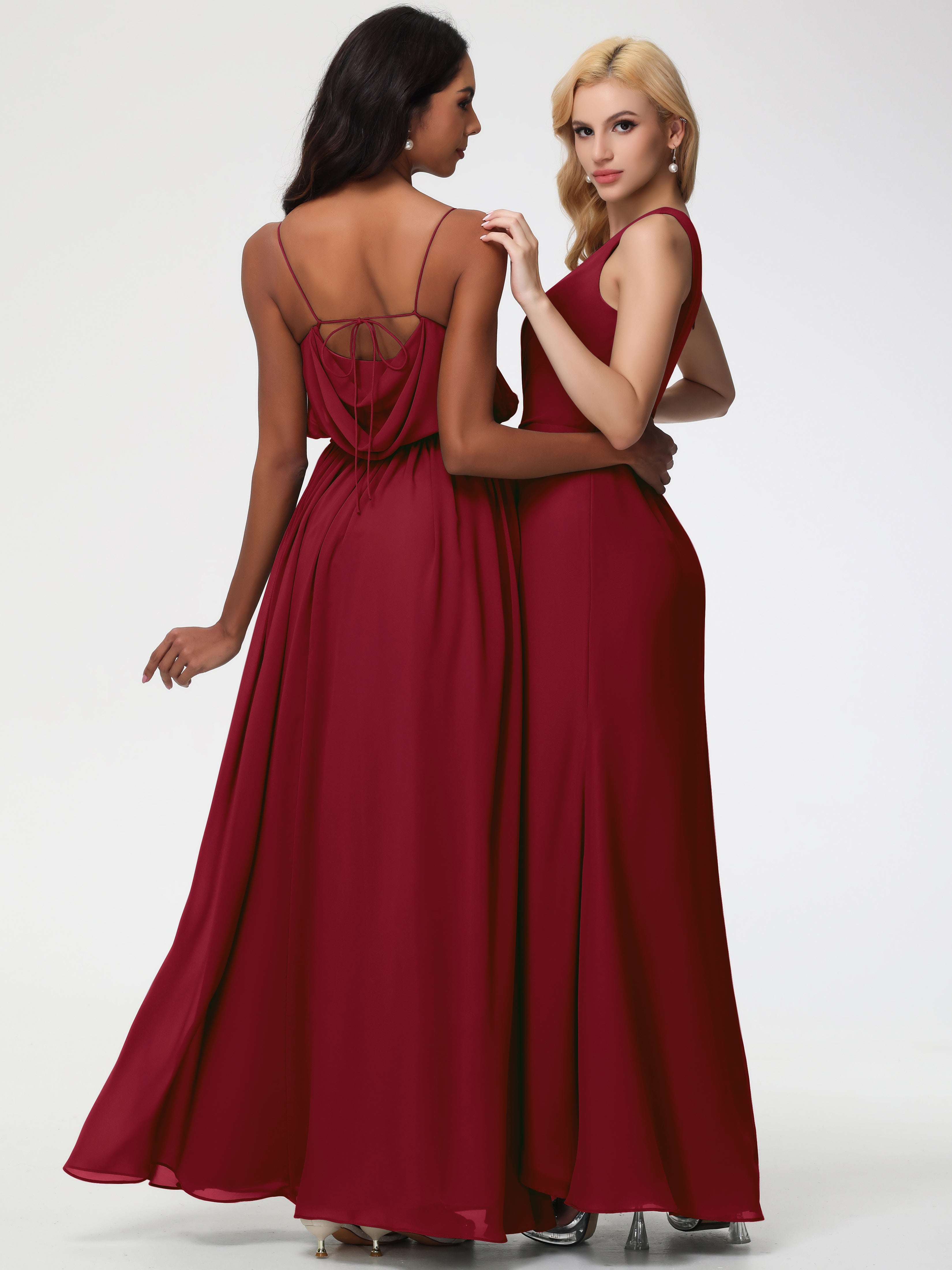 Robe Bordeaux Mariage Demoiselle D Honneur Seule-Épaule Fendue Trapèze Mousseline Robe Demoiselle D'Honneur