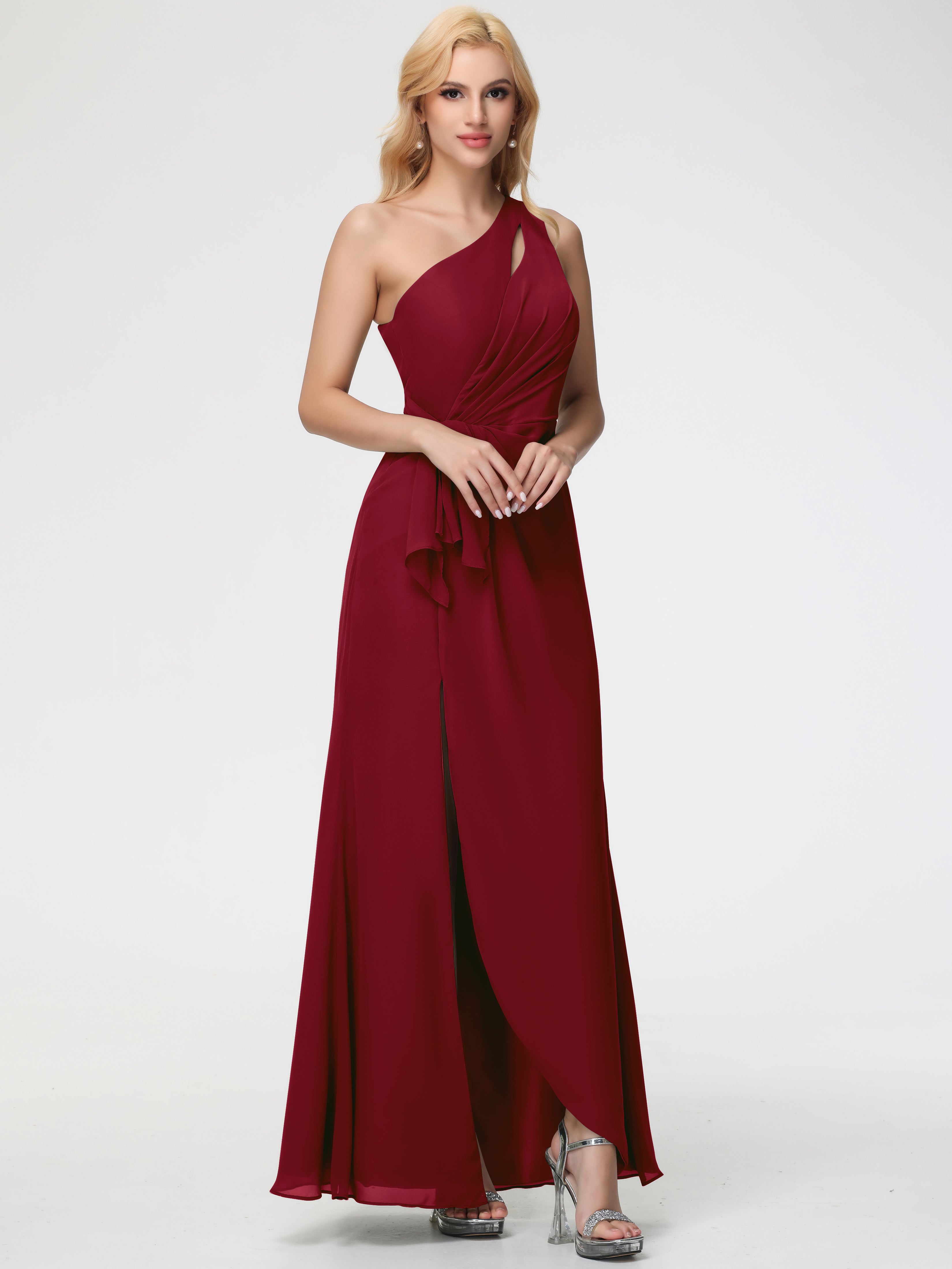 Robe Bordeaux Mariage Demoiselle D Honneur Seule-Épaule Fendue Trapèze Mousseline Robe Demoiselle D'Honneur
