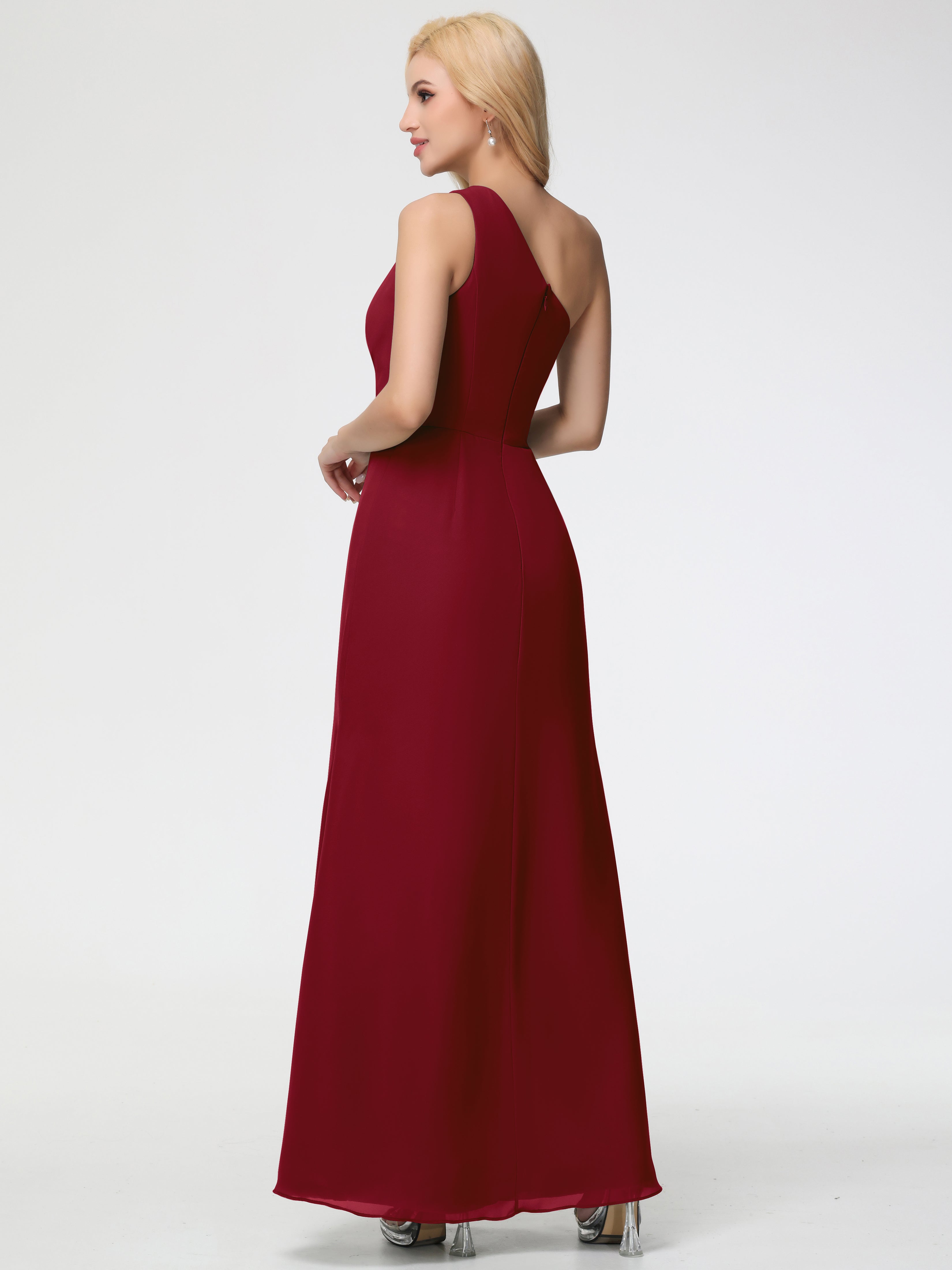 Robe Bordeaux Mariage Demoiselle D Honneur Seule-Épaule Fendue Trapèze Mousseline Robe Demoiselle D'Honneur