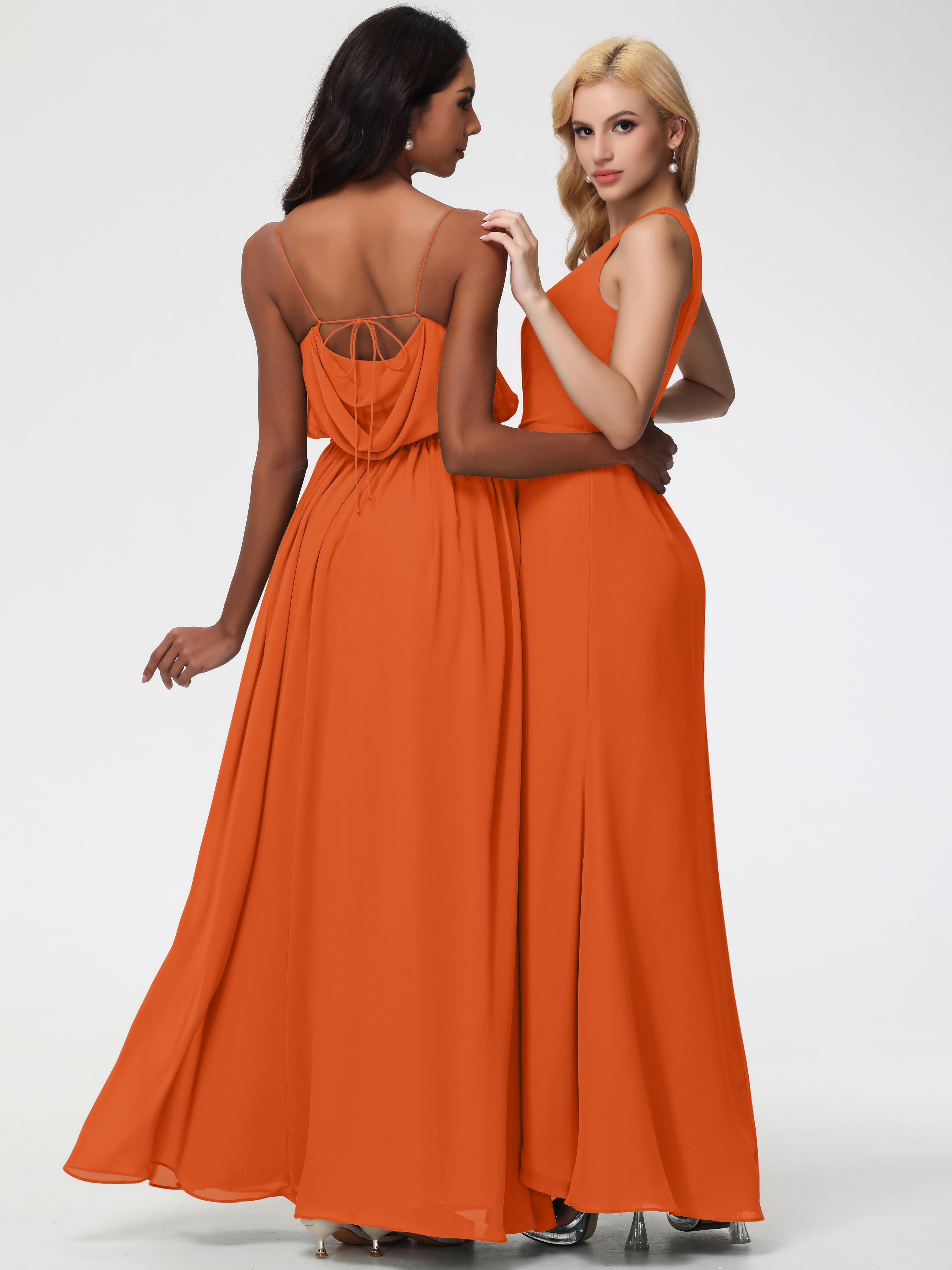 Robes De Demoiselle D'Honneur Orange Foncé Seule-Épaule Fendue Trapèze Mousseline Robe Demoiselle D'Honneur