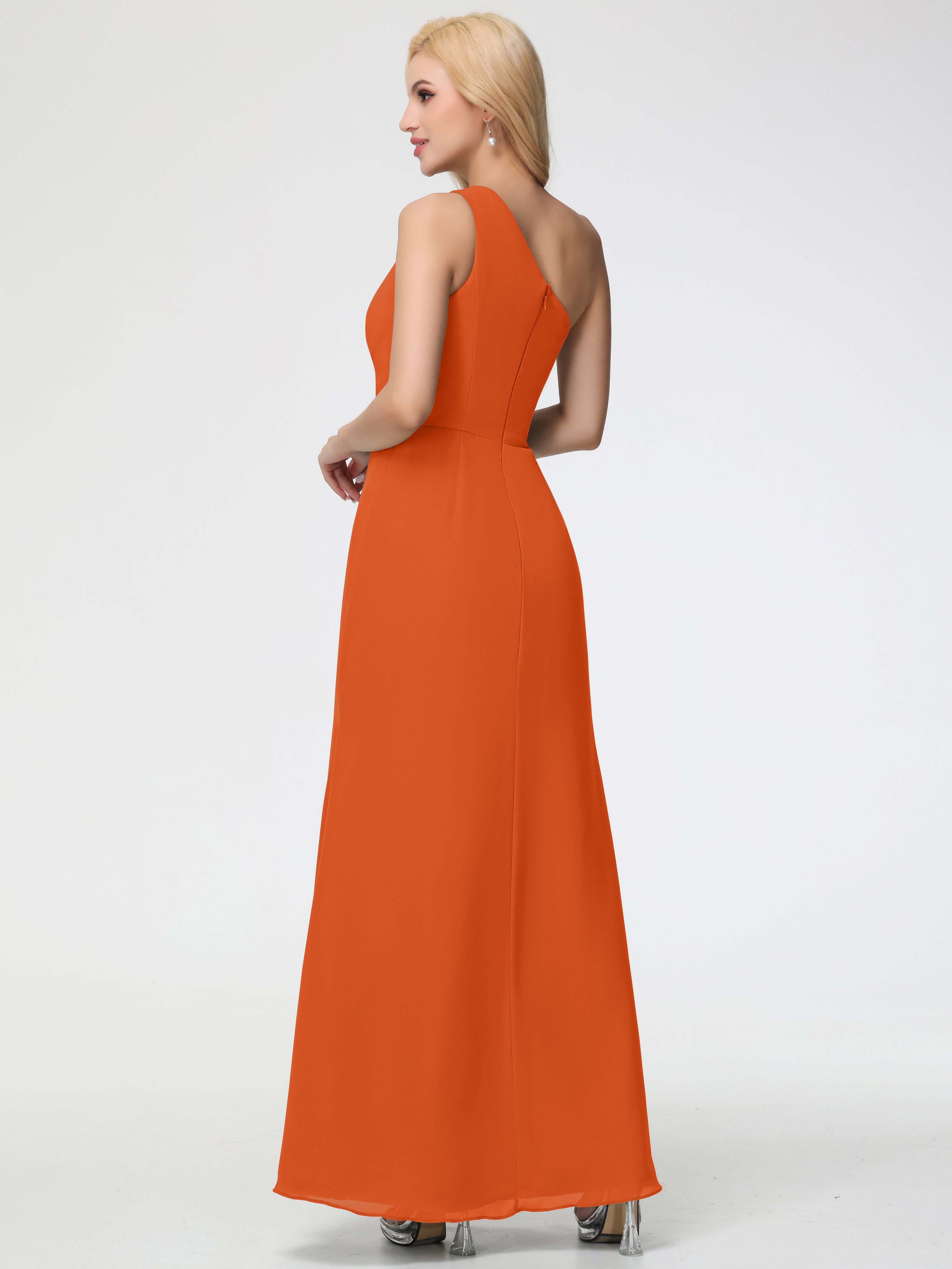 Robes De Demoiselle D'Honneur Orange Foncé Seule-Épaule Fendue Trapèze Mousseline Robe Demoiselle D'Honneur