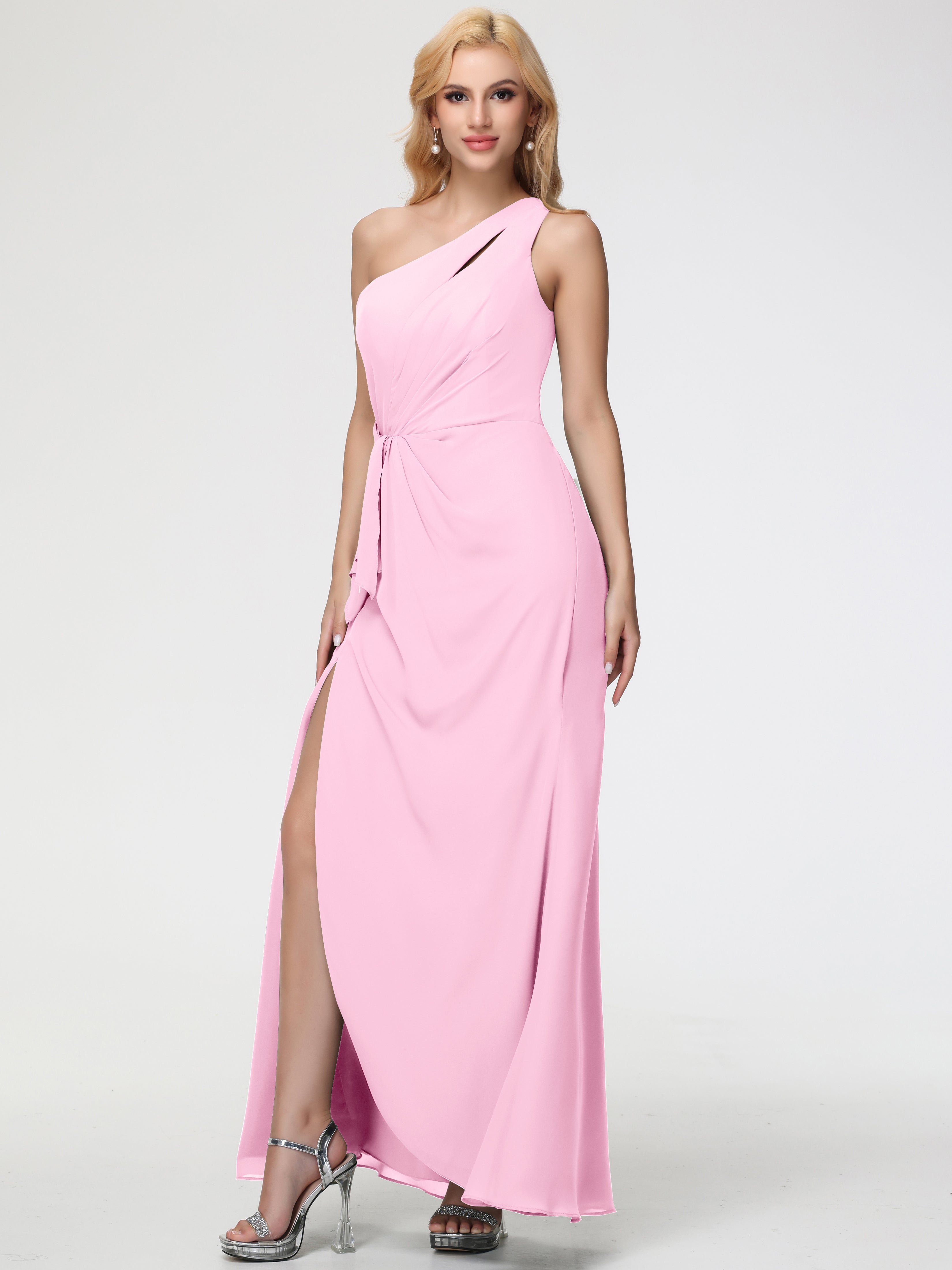 Robes De Demoiselle D'Honneur Rose Bonbon Seule-Épaule Fendue Trapèze Mousseline Robe Demoiselle D'Honneur