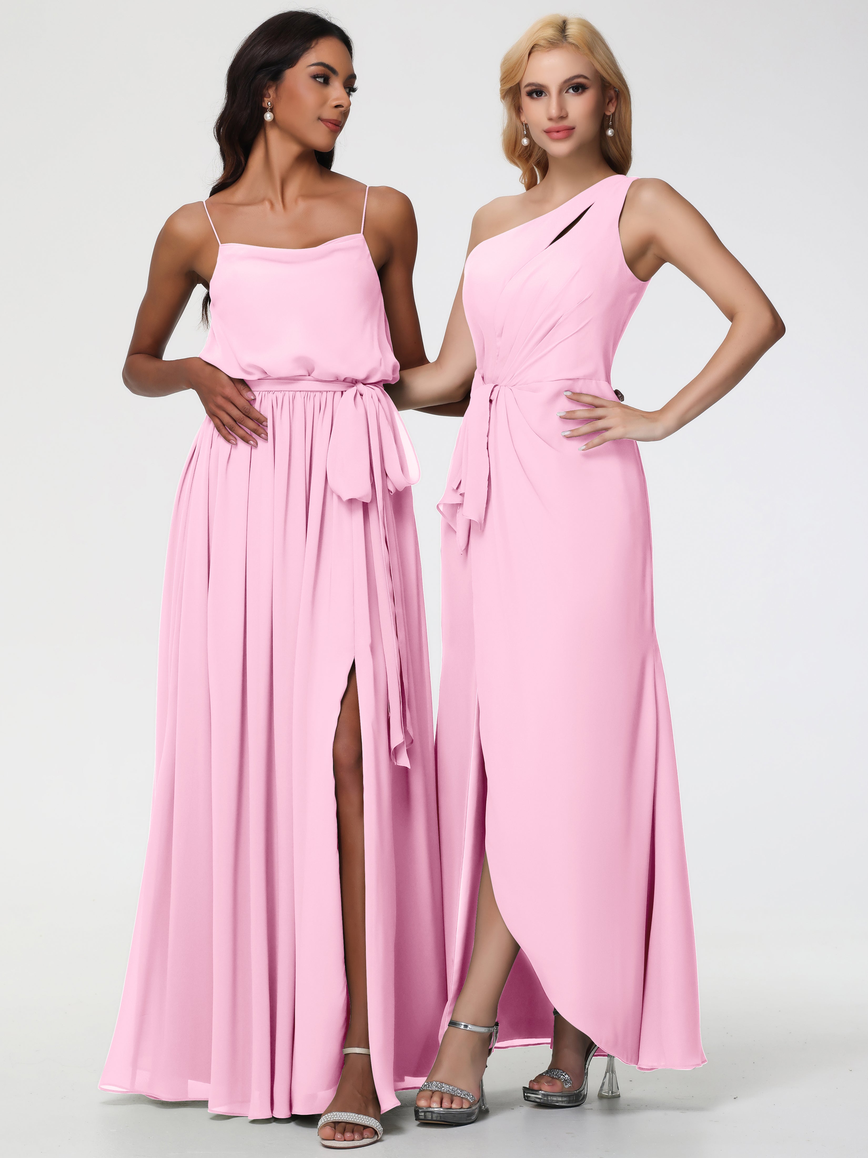 Robes De Demoiselle D'Honneur Rose Bonbon Seule-Épaule Fendue Trapèze Mousseline Robe Demoiselle D'Honneur