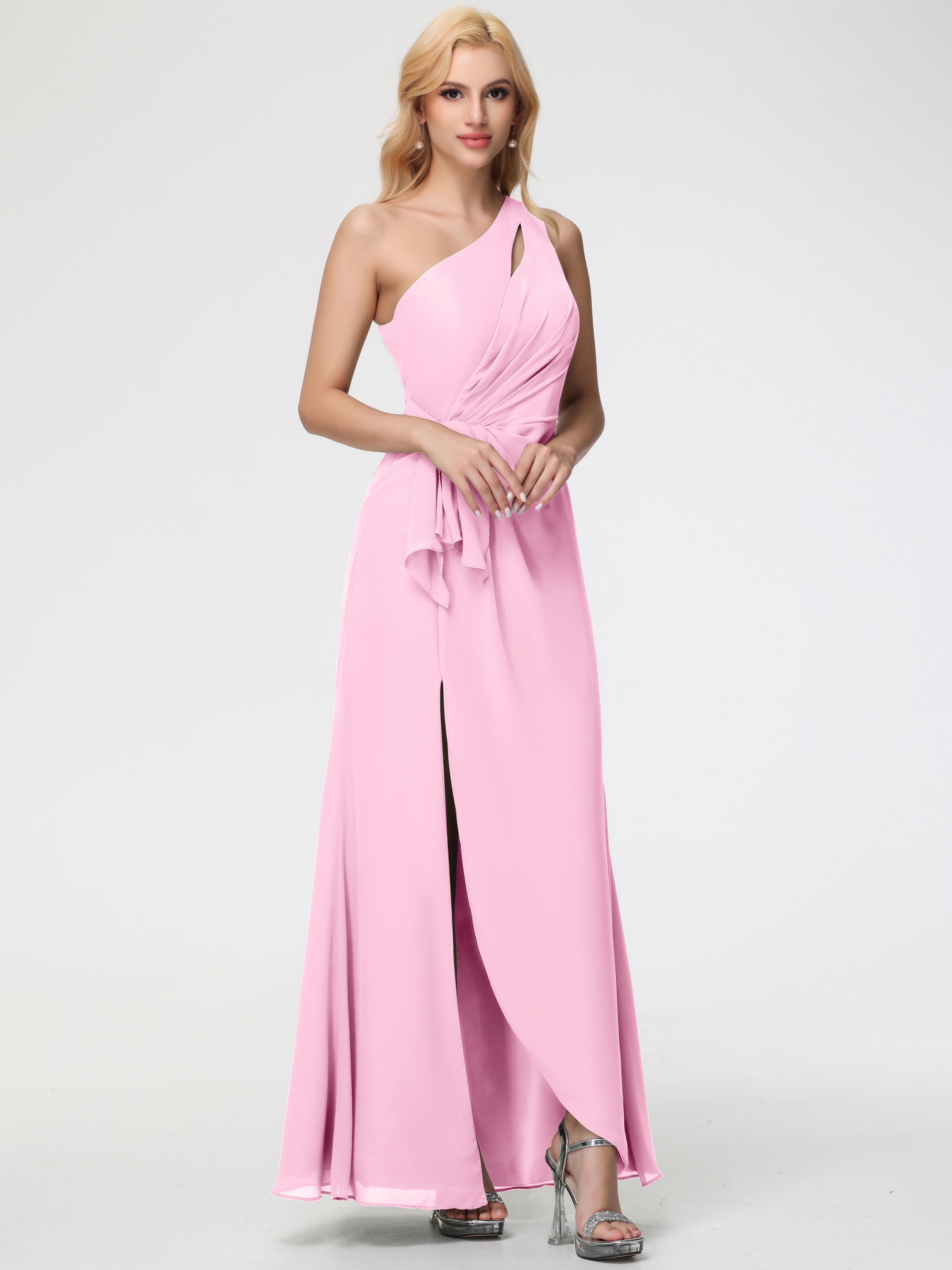 Robes De Demoiselle D'Honneur Rose Bonbon Seule-Épaule Fendue Trapèze Mousseline Robe Demoiselle D'Honneur