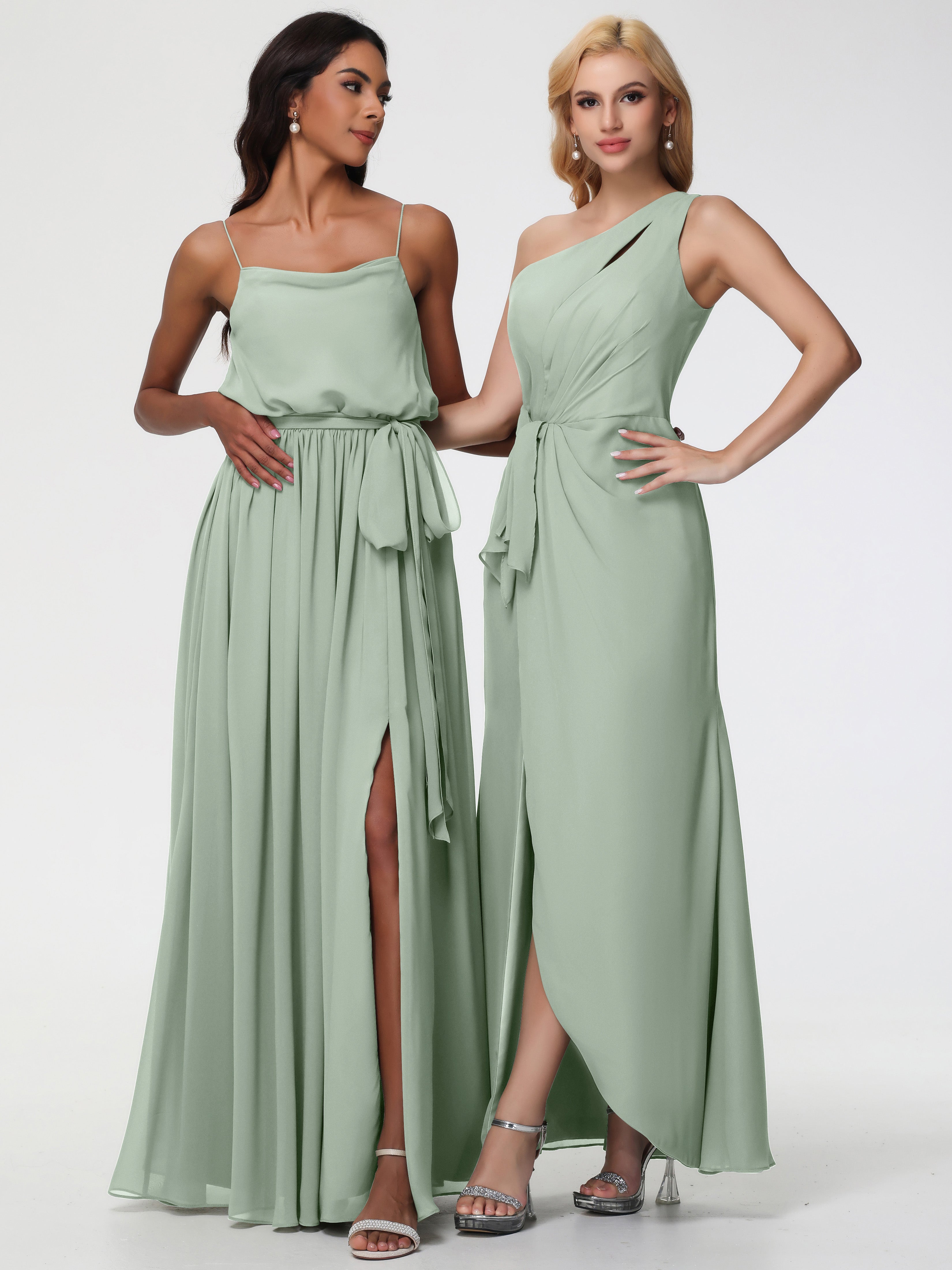 Robes De Demoiselle D'Honneur Celadon Seule-Épaule Fendue Trapèze Mousseline Robe Demoiselle D'Honneur