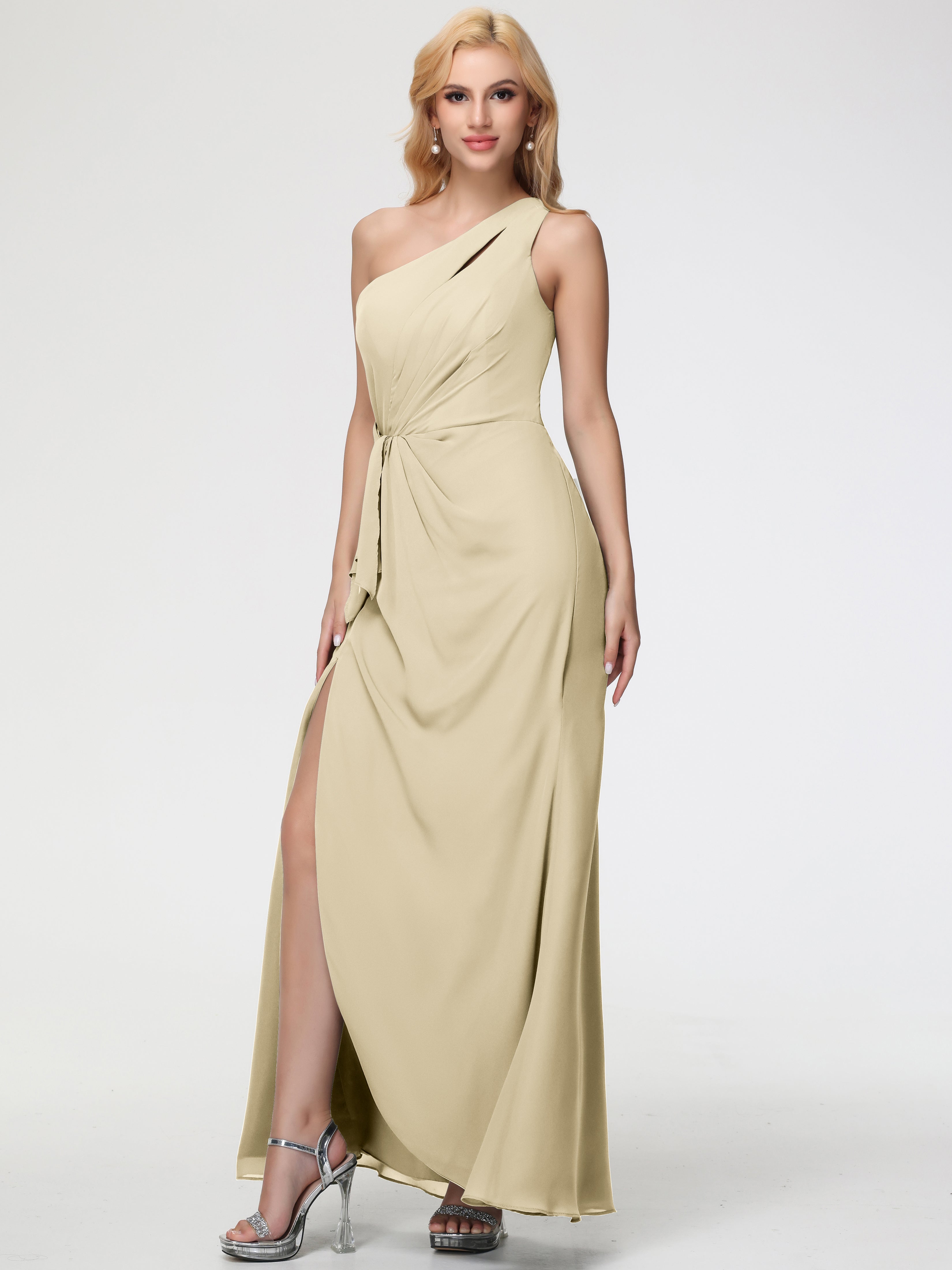 Robe De Demoiselle D Honneur Champagne Seule-Épaule Fendue Trapèze Mousseline Robe Demoiselle D'Honneur