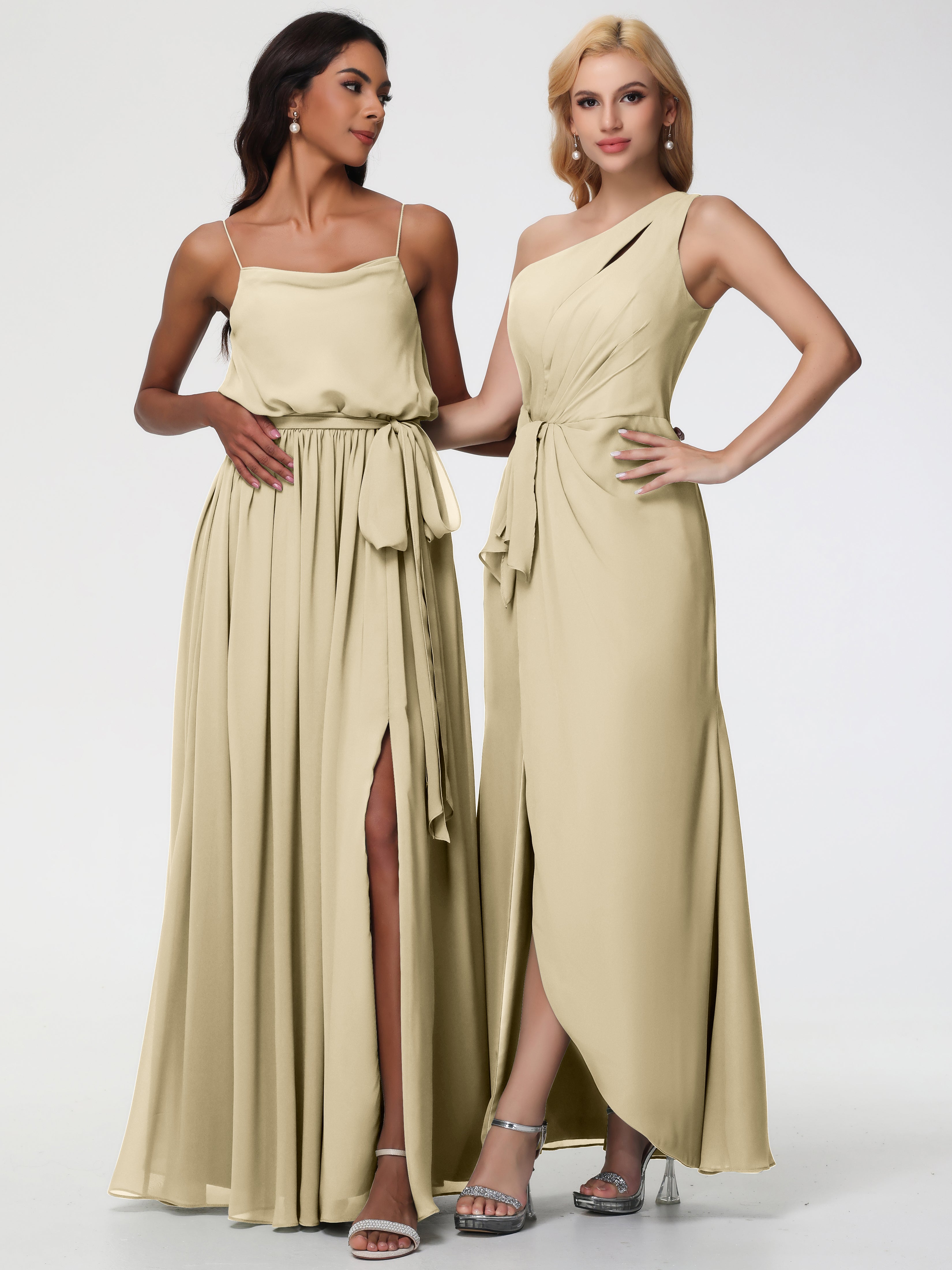 Robe De Demoiselle D Honneur Champagne Seule-Épaule Fendue Trapèze Mousseline Robe Demoiselle D'Honneur