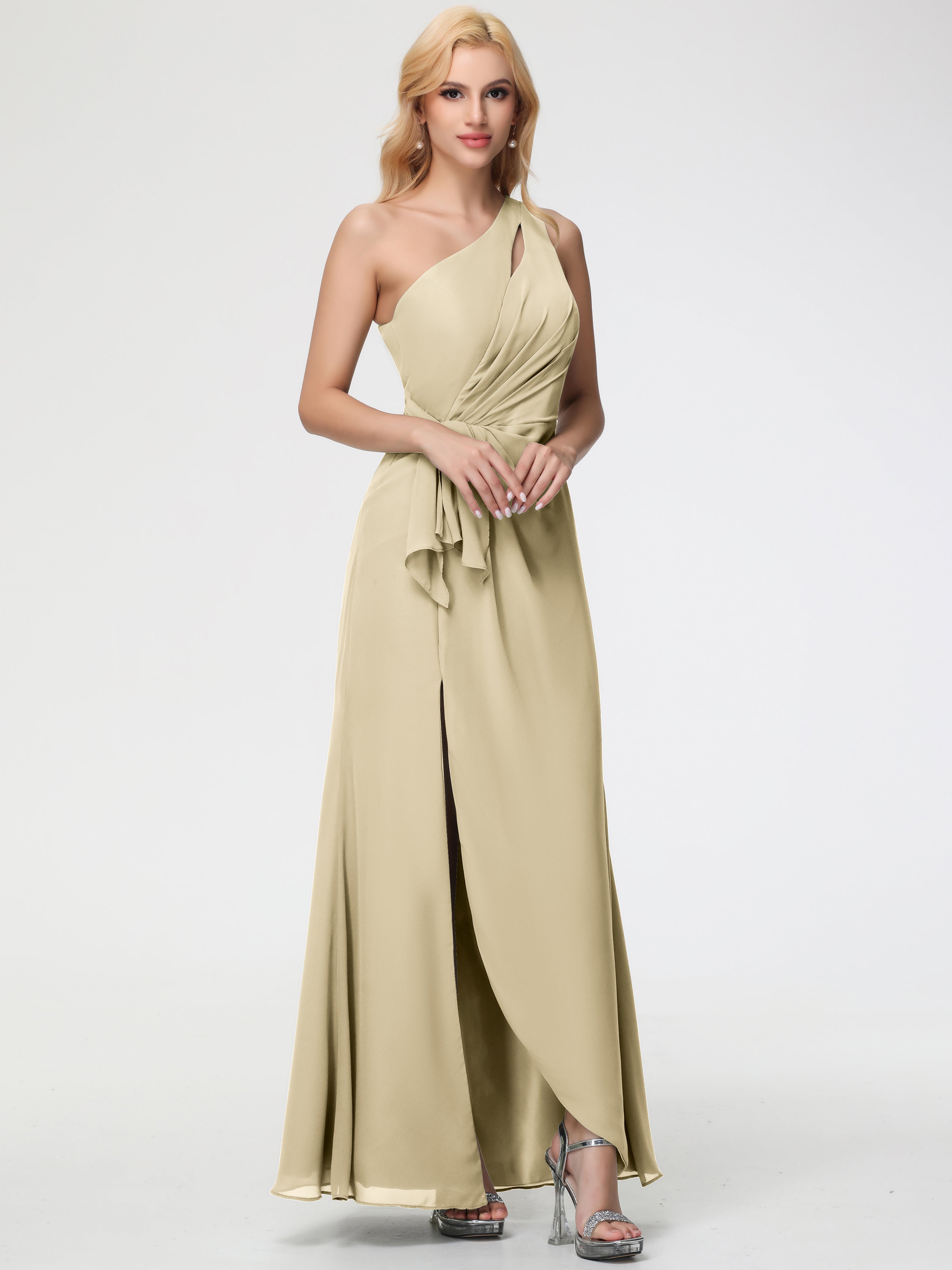 Robe De Demoiselle D Honneur Champagne Seule-Épaule Fendue Trapèze Mousseline Robe Demoiselle D'Honneur