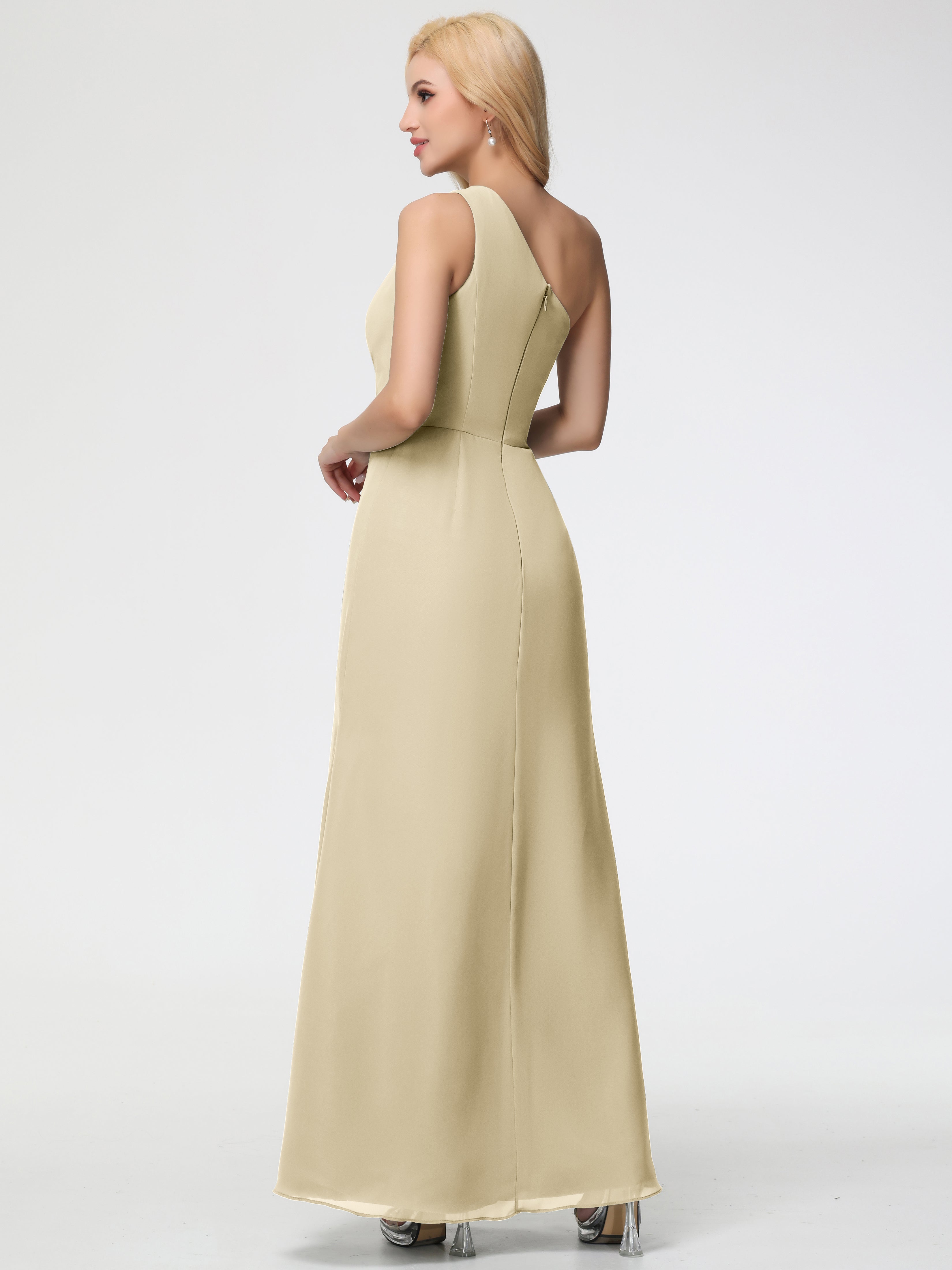 Robe De Demoiselle D Honneur Champagne Seule-Épaule Fendue Trapèze Mousseline Robe Demoiselle D'Honneur