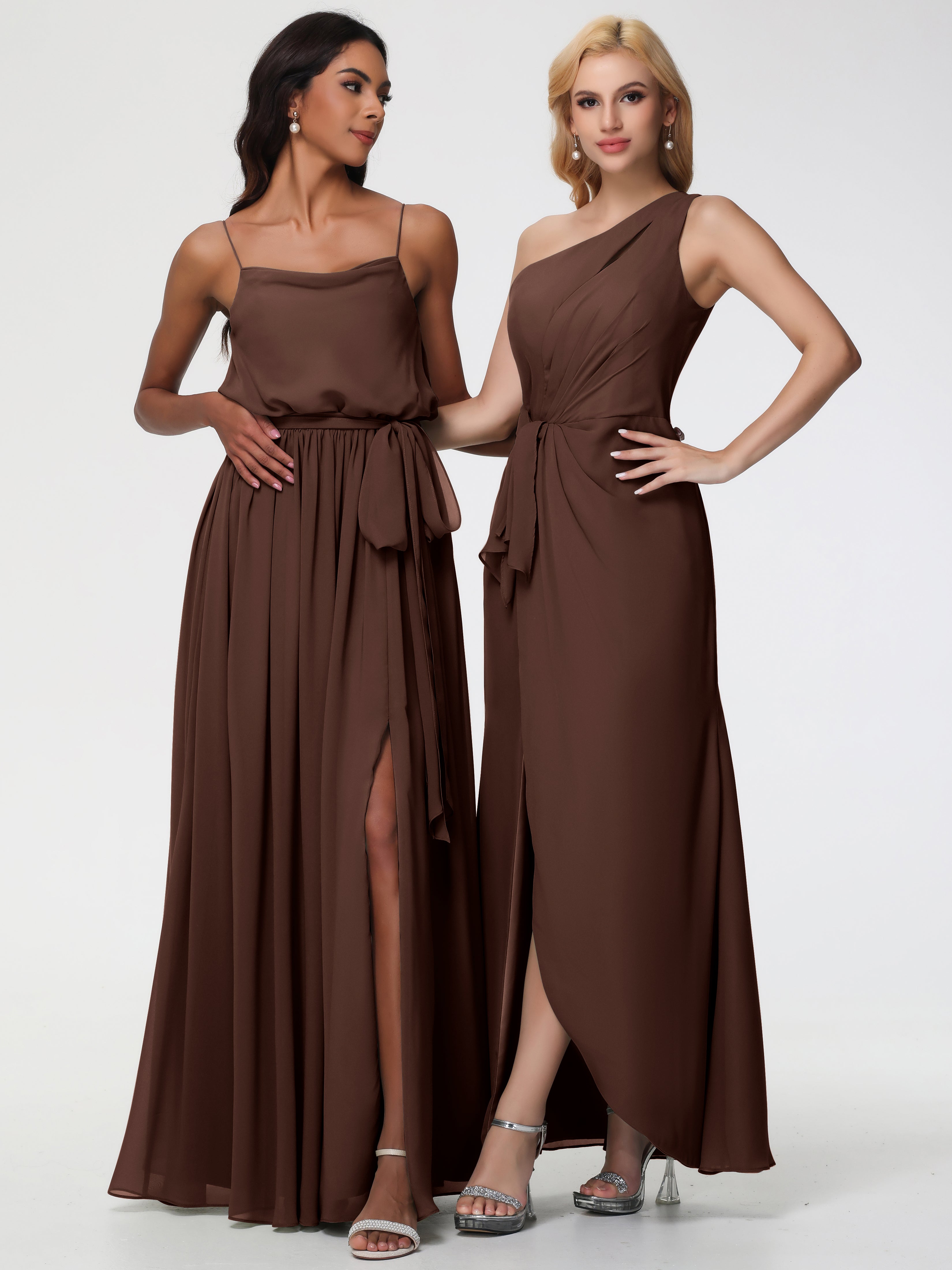 Robe Demoiselle D Honneur Marron Chocolat Seule-Épaule Fendue Trapèze Mousseline Robe Demoiselle D'Honneur