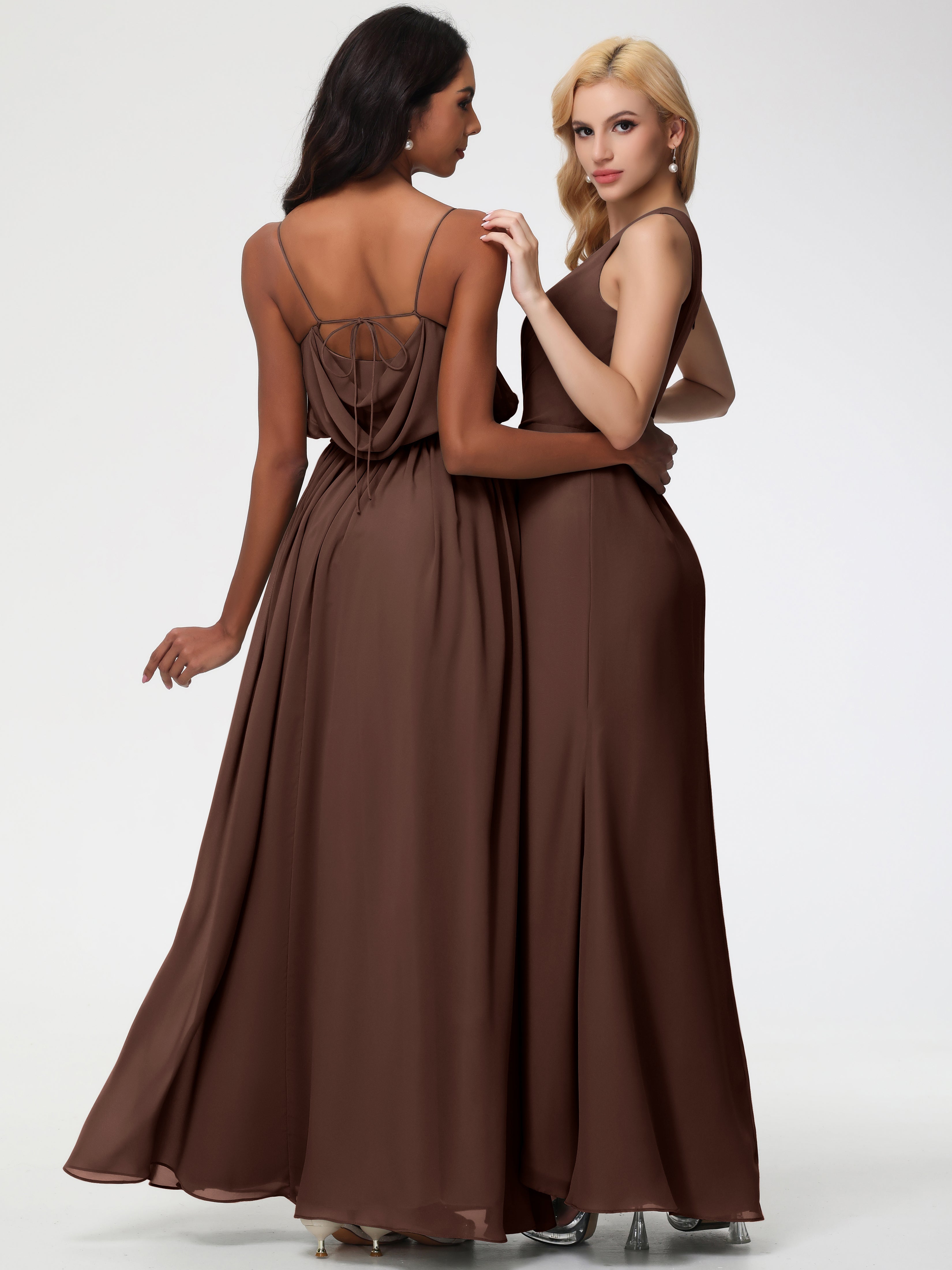 Robe Demoiselle D Honneur Marron Chocolat Seule-Épaule Fendue Trapèze Mousseline Robe Demoiselle D'Honneur