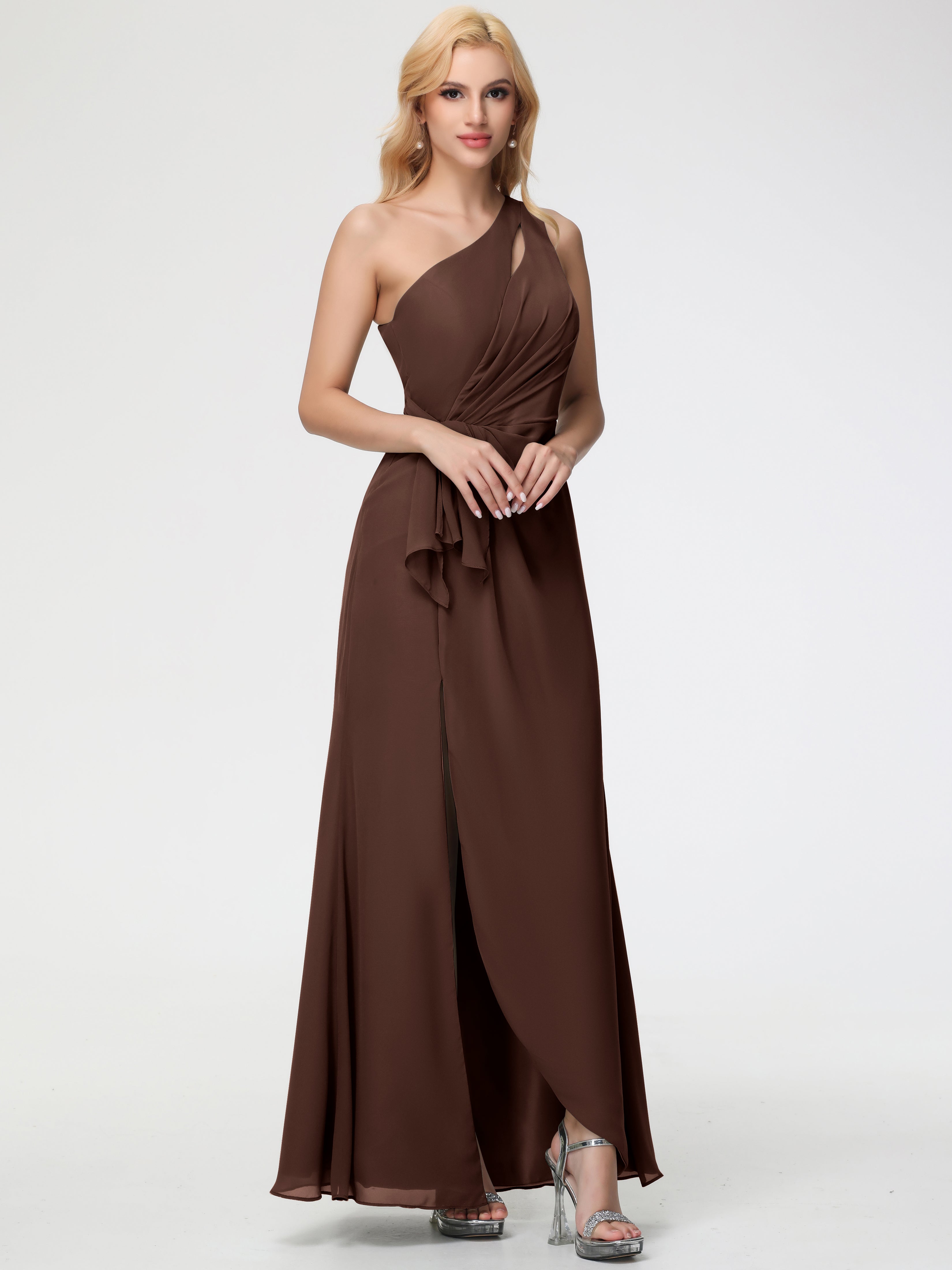 Robe Demoiselle D Honneur Marron Chocolat Seule-Épaule Fendue Trapèze Mousseline Robe Demoiselle D'Honneur
