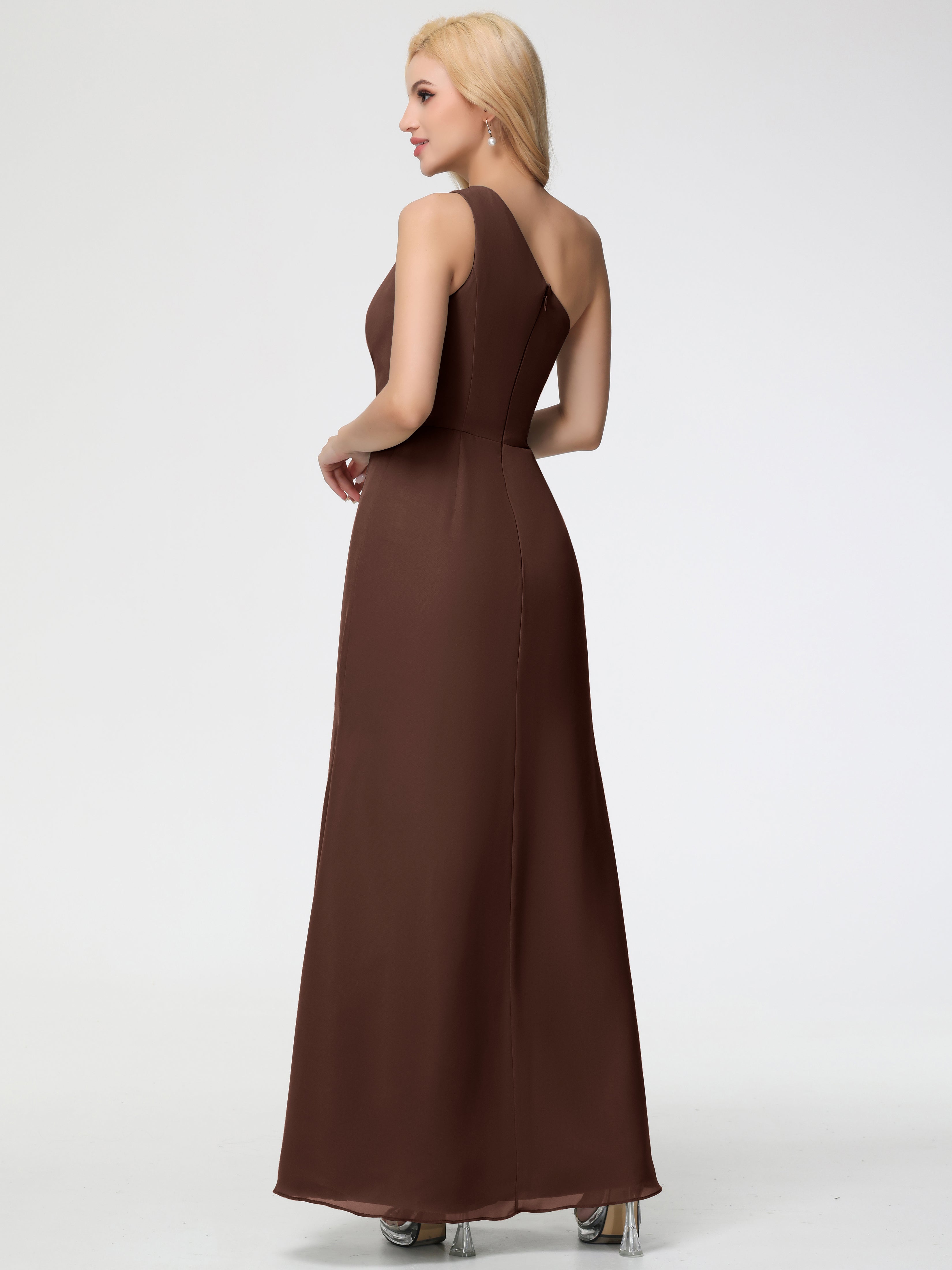Robe Demoiselle D Honneur Marron Chocolat Seule-Épaule Fendue Trapèze Mousseline Robe Demoiselle D'Honneur