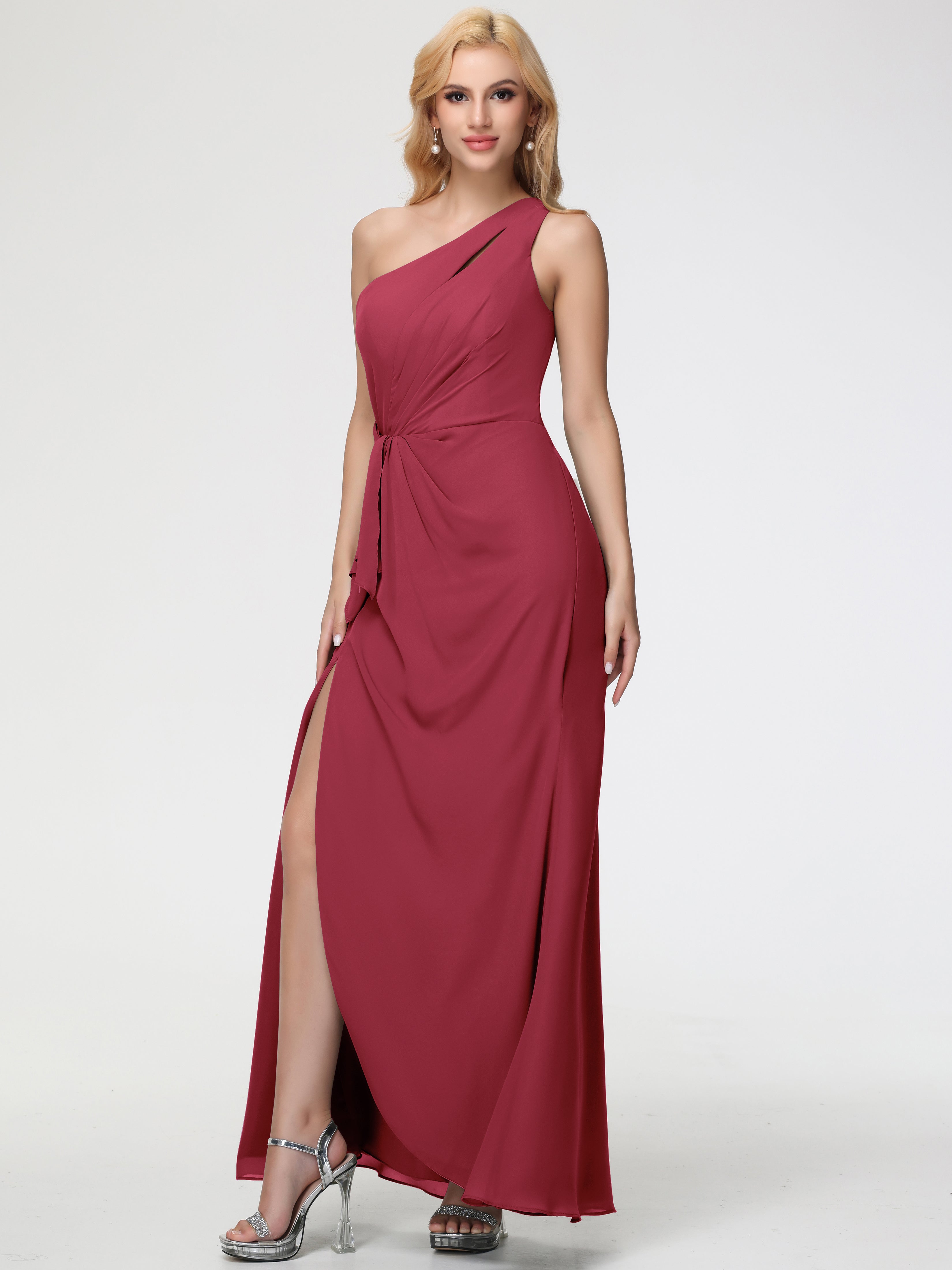 Couleur Rose Cannelle Seule-Épaule Fendue Trapèze Mousseline Robe Demoiselle D'Honneur