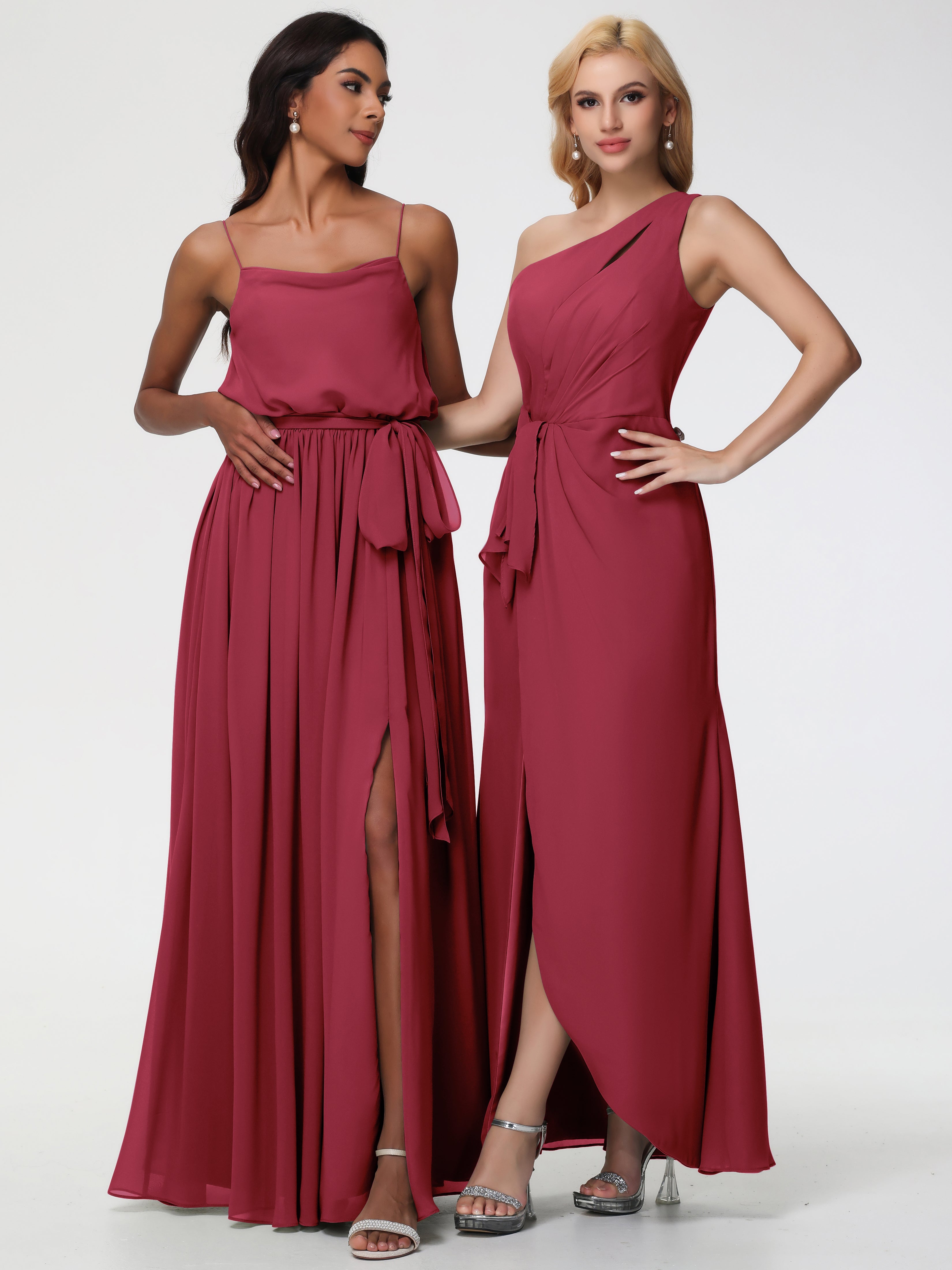 Couleur Rose Cannelle Seule-Épaule Fendue Trapèze Mousseline Robe Demoiselle D'Honneur