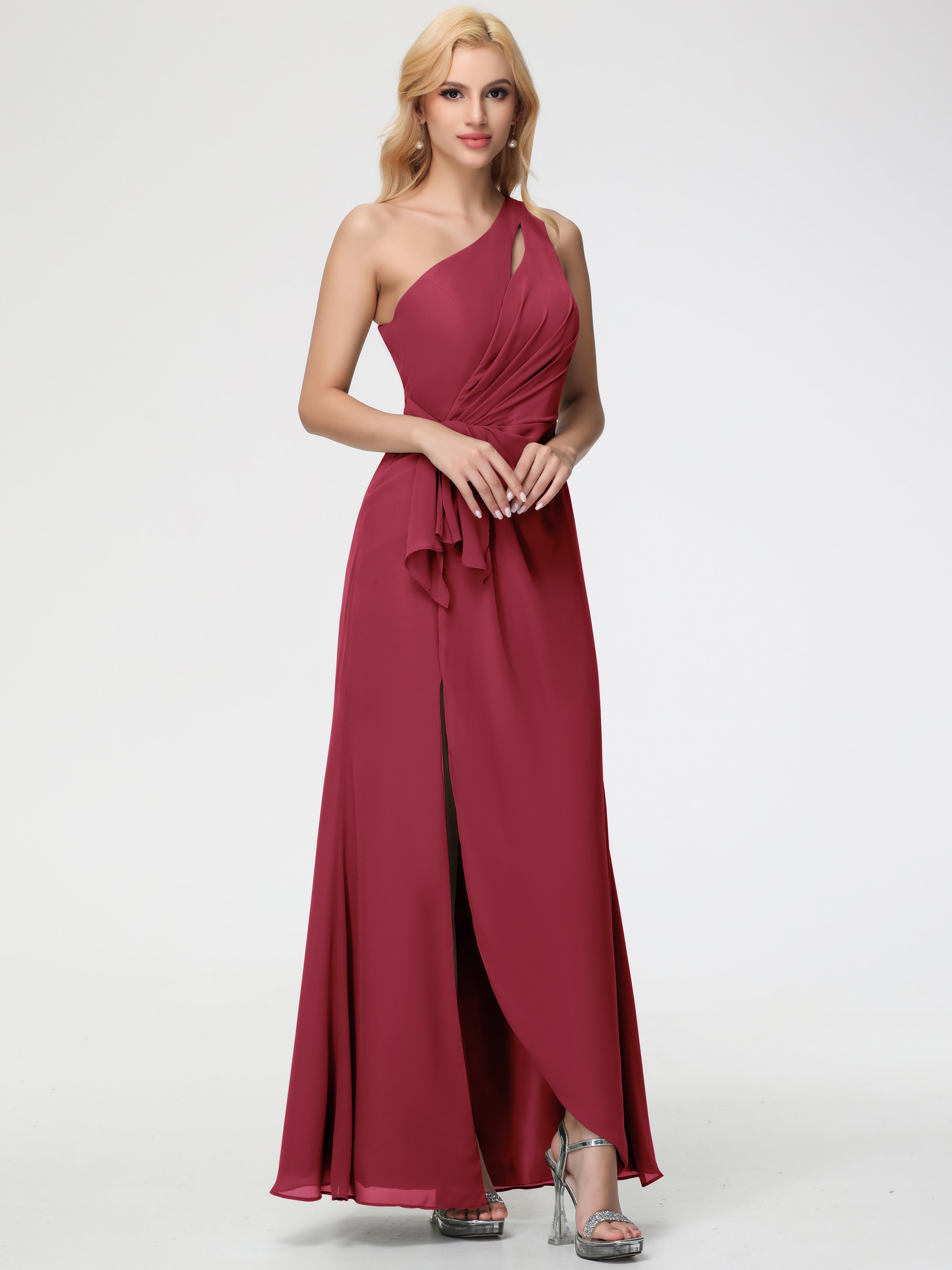 Couleur Rose Cannelle Seule-Épaule Fendue Trapèze Mousseline Robe Demoiselle D'Honneur