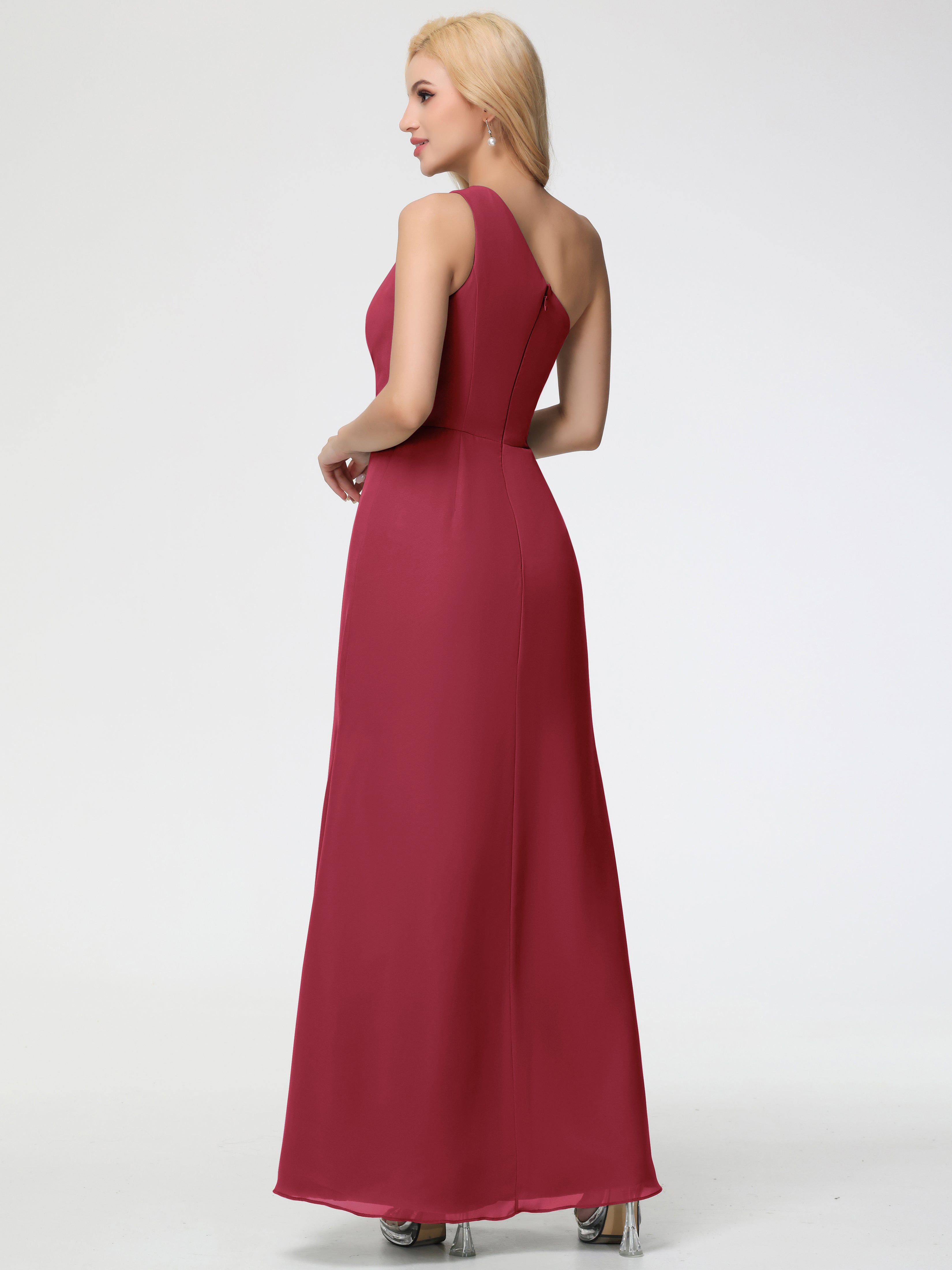 Couleur Rose Cannelle Seule-Épaule Fendue Trapèze Mousseline Robe Demoiselle D'Honneur