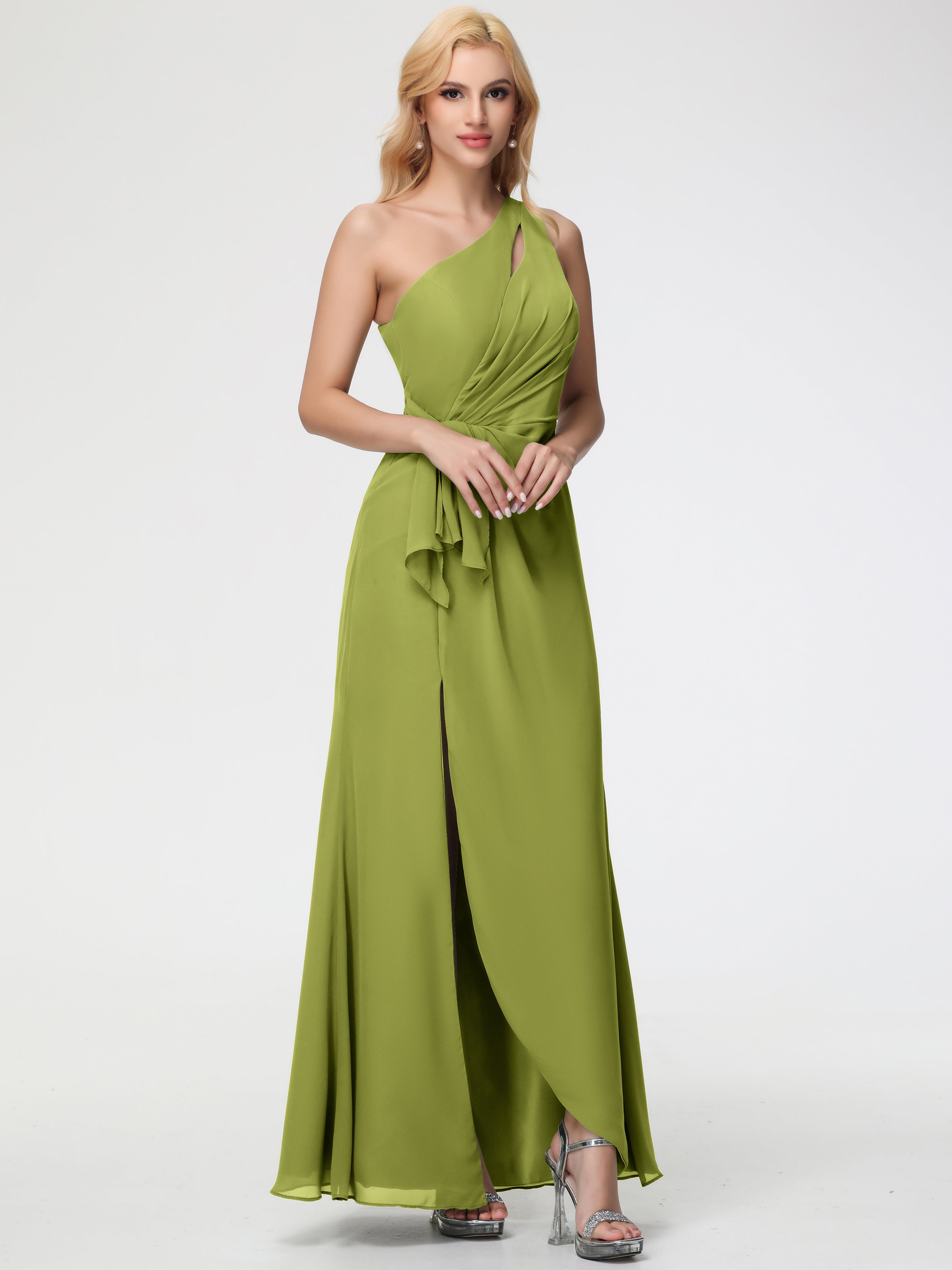 Robes De Demoiselle D'Honneur Trèfle Seule-Épaule Fendue Trapèze Mousseline Robe Demoiselle D'Honneur