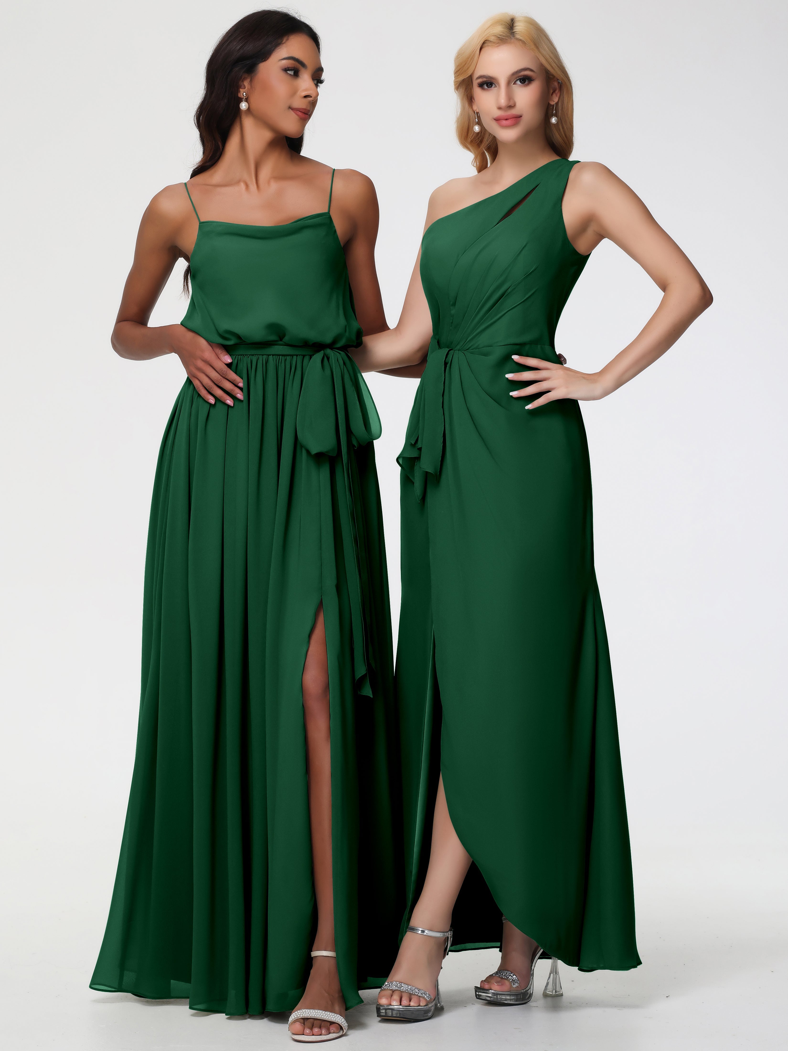 Robes De Demoiselle D'Honneur Vert Foncé Seule-Épaule Fendue Trapèze Mousseline Robe Demoiselle D'Honneur
