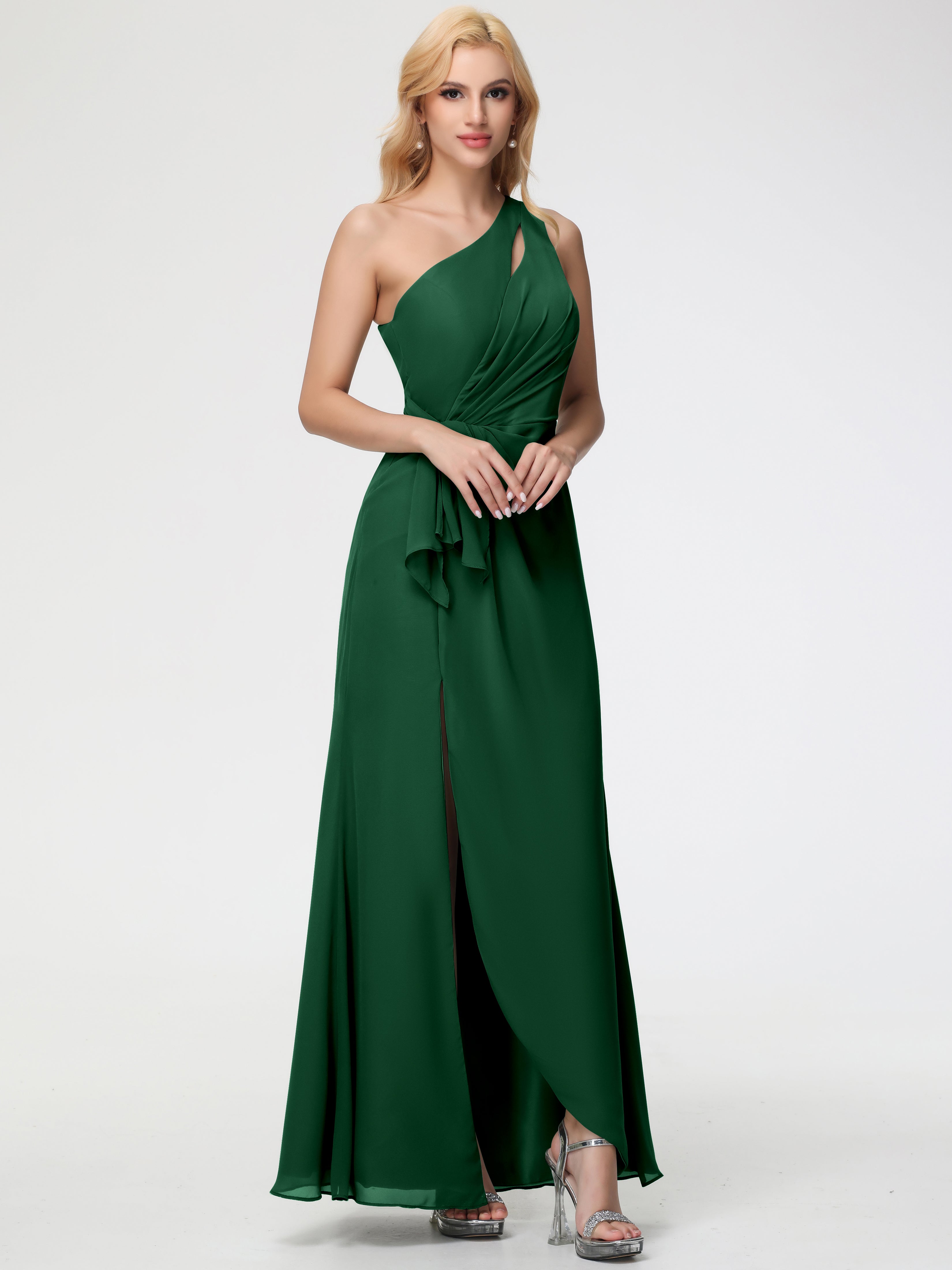 Robes De Demoiselle D'Honneur Vert Foncé Seule-Épaule Fendue Trapèze Mousseline Robe Demoiselle D'Honneur