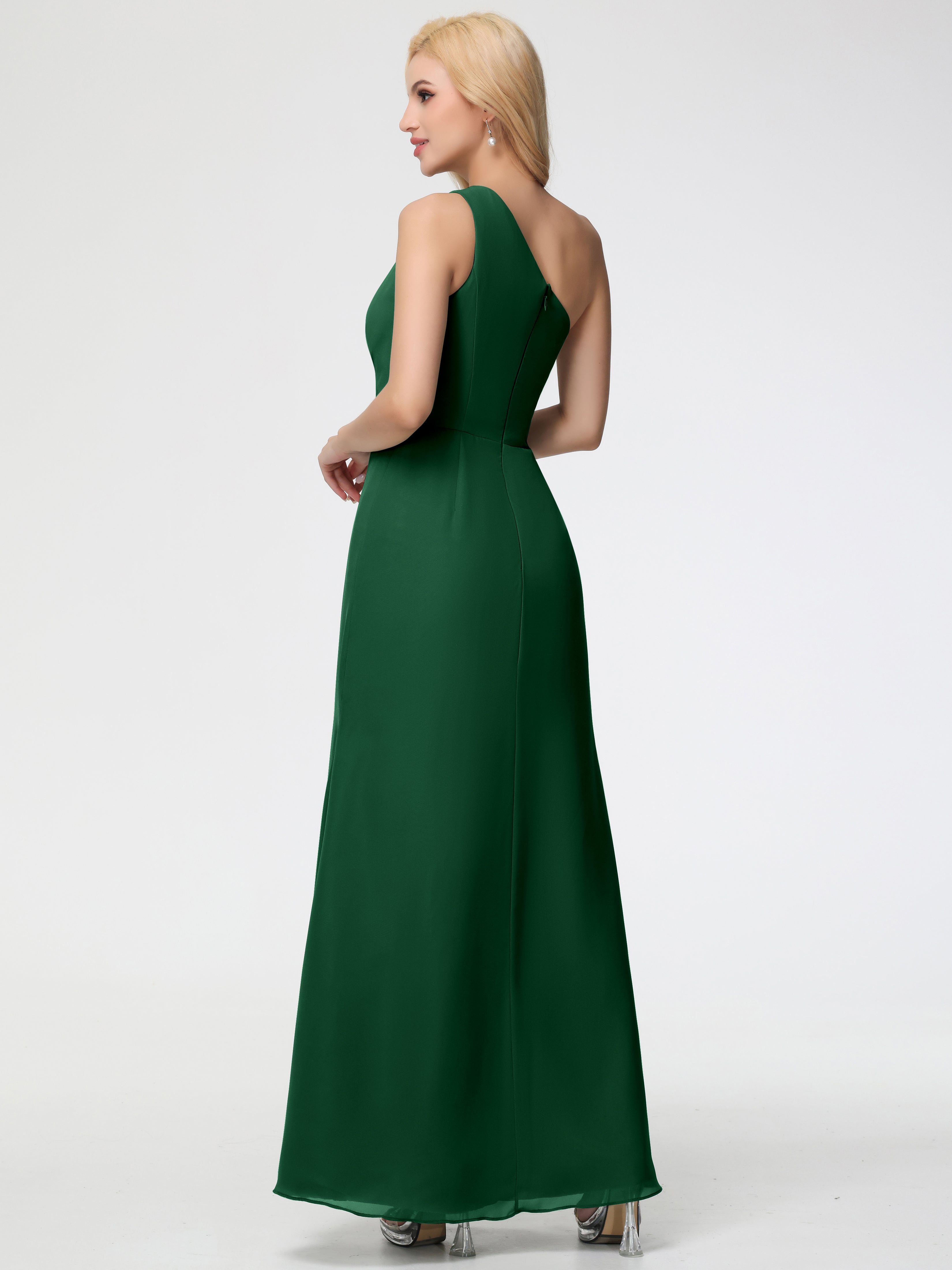 Robes De Demoiselle D'Honneur Vert Foncé Seule-Épaule Fendue Trapèze Mousseline Robe Demoiselle D'Honneur