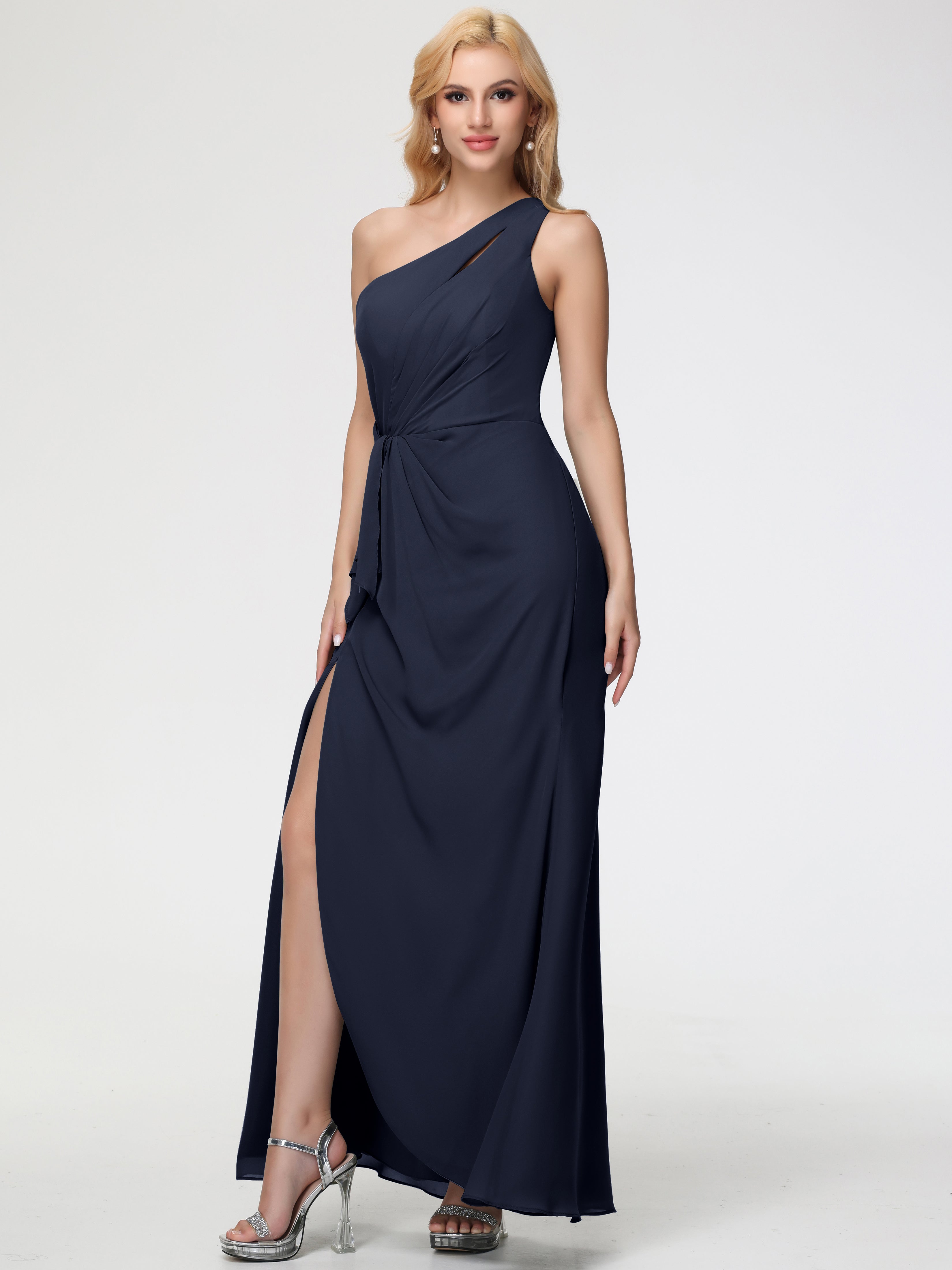 Robe Demoiselle D Honneur Bleue Marine Seule-Épaule Fendue Trapèze Mousseline Robe Demoiselle D'Honneur