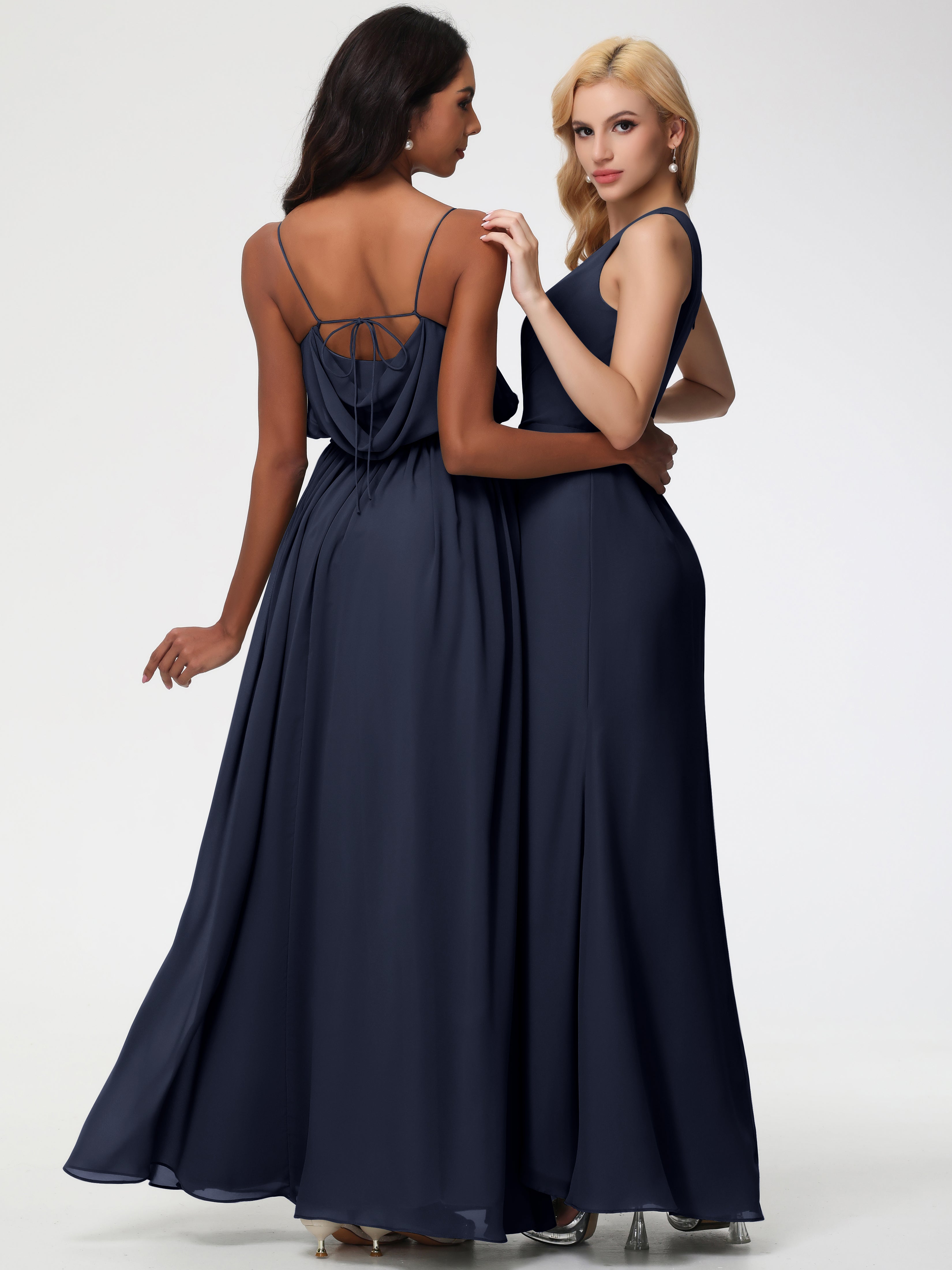 Robe Demoiselle D Honneur Bleue Marine Seule-Épaule Fendue Trapèze Mousseline Robe Demoiselle D'Honneur