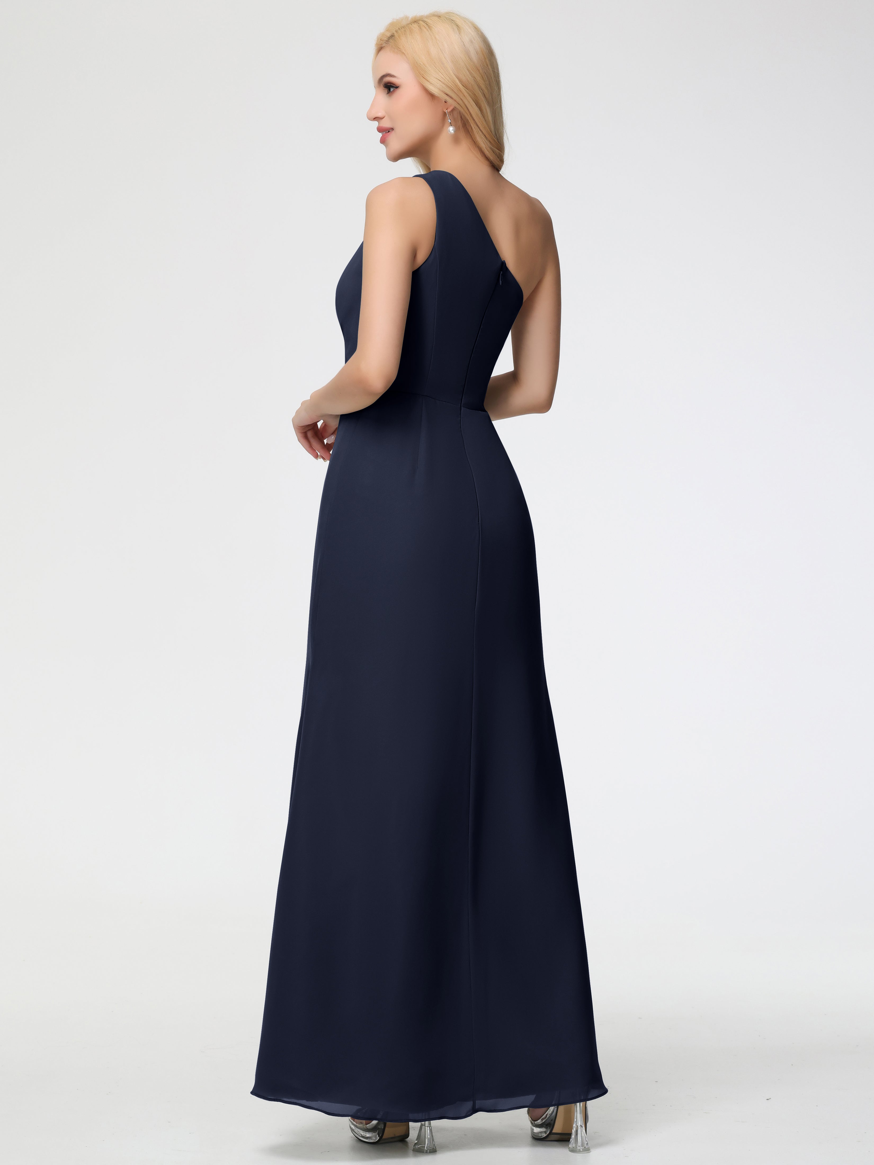 Robe Demoiselle D Honneur Bleue Marine Seule-Épaule Fendue Trapèze Mousseline Robe Demoiselle D'Honneur