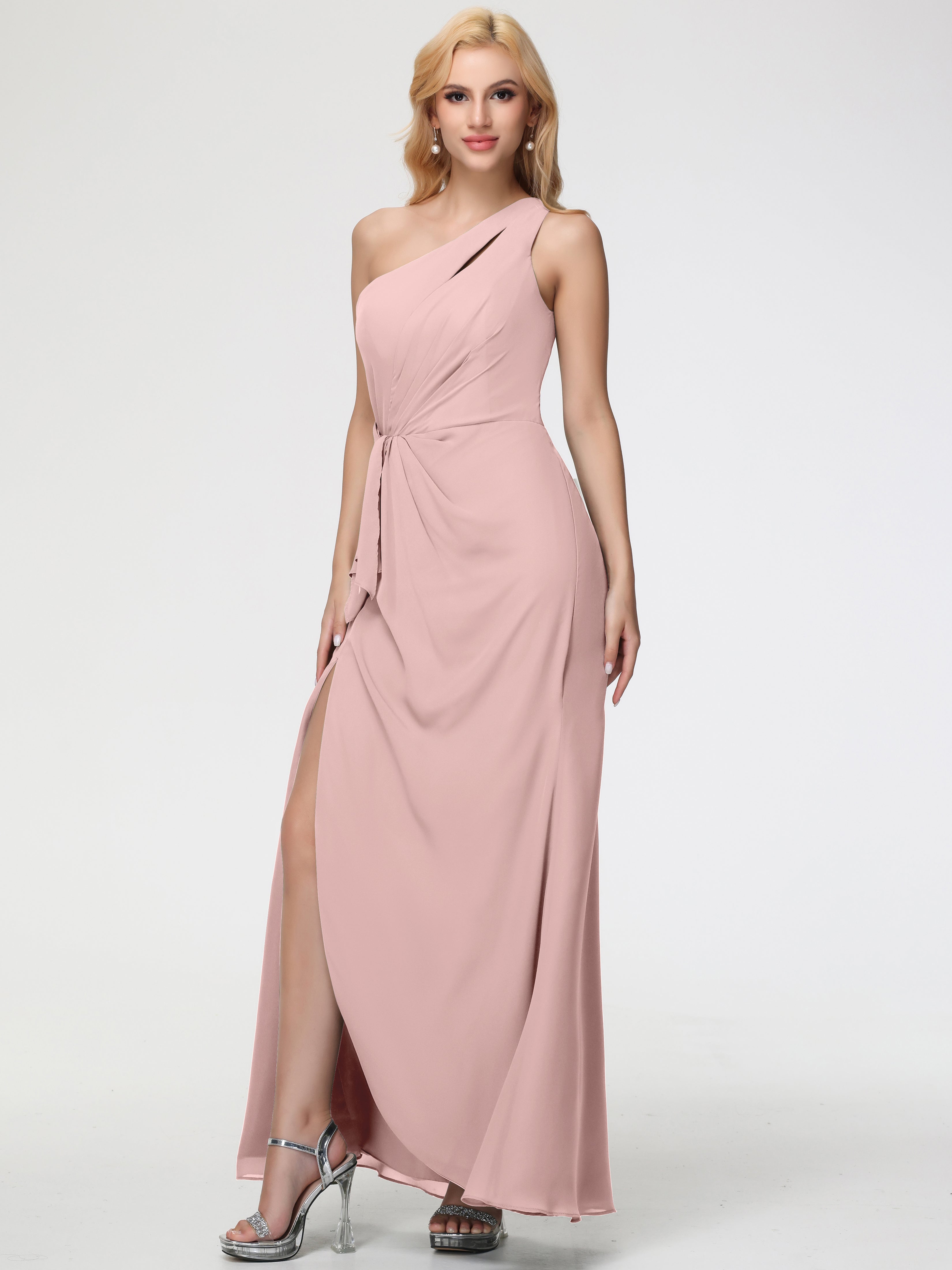 Robe Demoiselle D Honneur Rose Poudre Seule-Épaule Fendue Trapèze Mousseline Robe Demoiselle D'Honneur