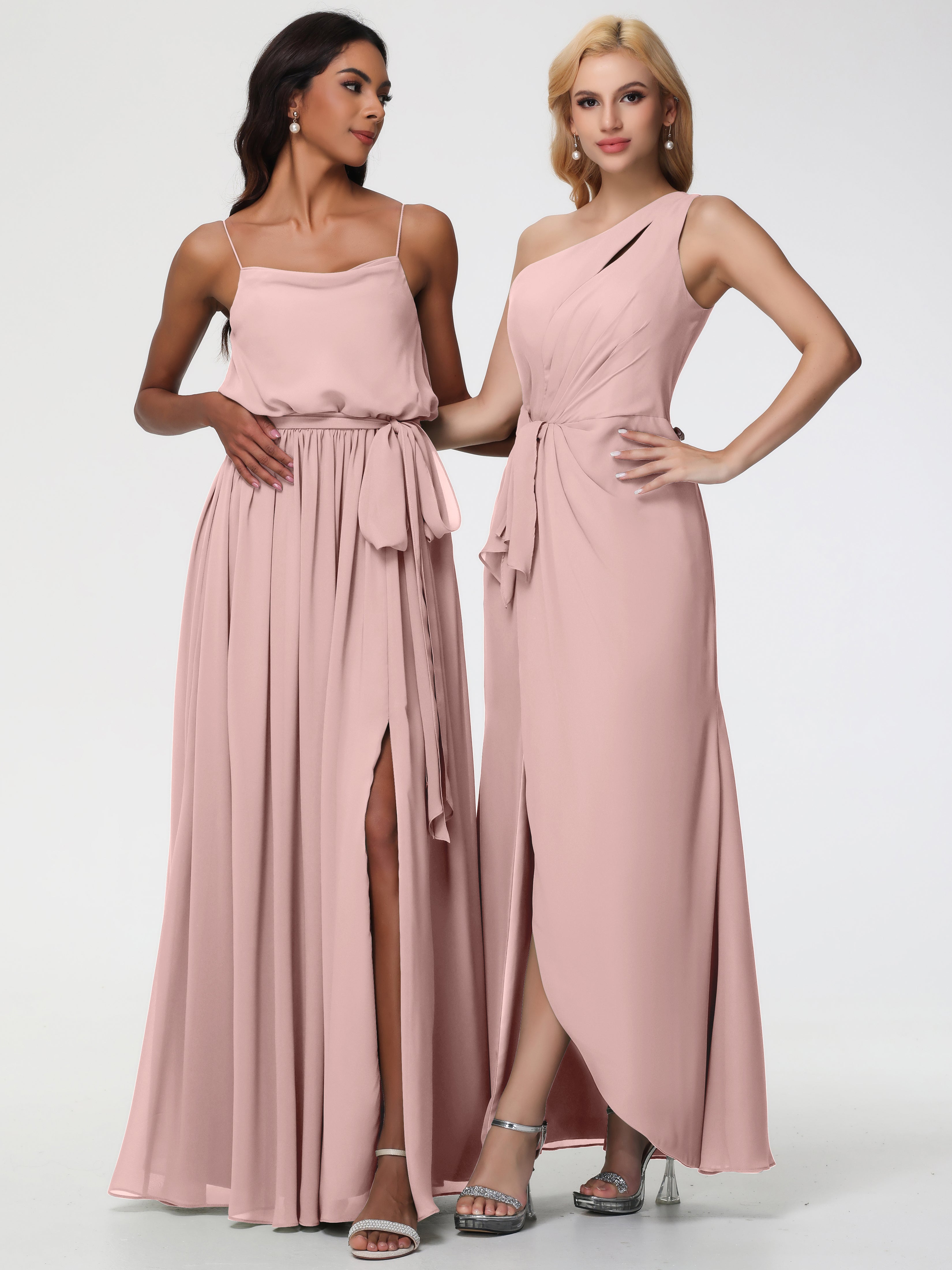 Robe Demoiselle D Honneur Rose Poudre Seule-Épaule Fendue Trapèze Mousseline Robe Demoiselle D'Honneur