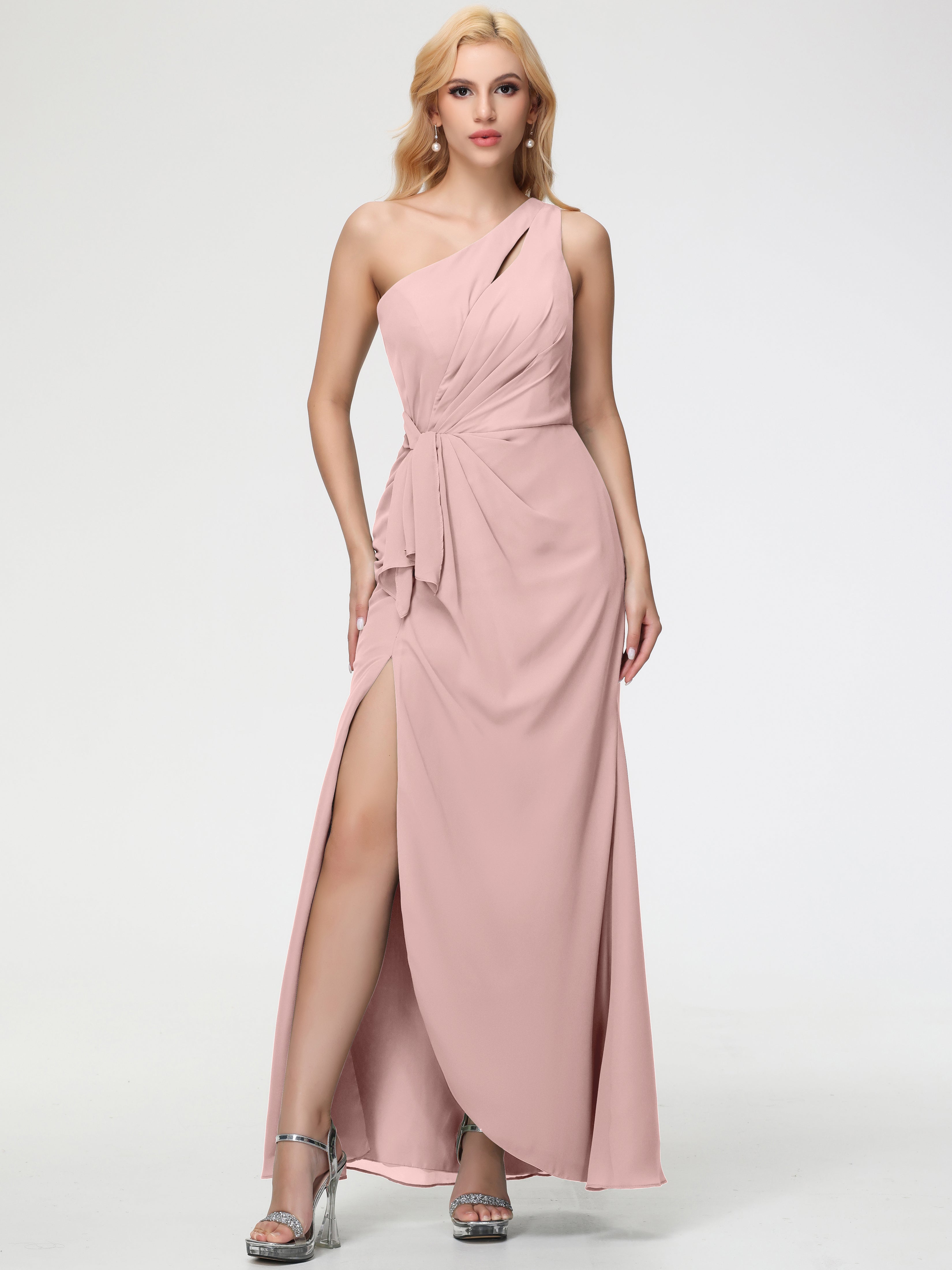 Robe Demoiselle D Honneur Rose Poudre Seule-Épaule Fendue Trapèze Mousseline Robe Demoiselle D'Honneur
