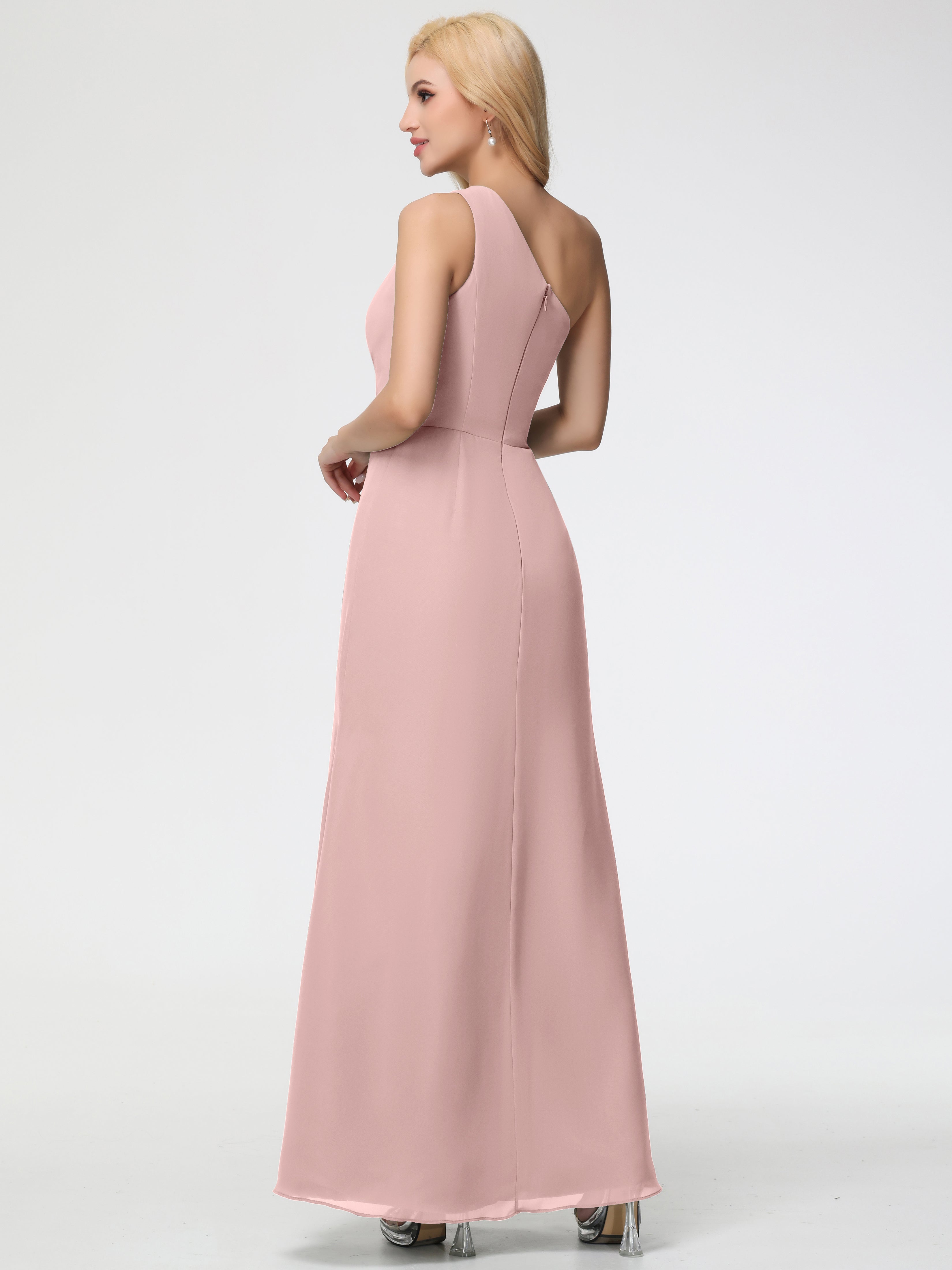 Robe Demoiselle D Honneur Rose Poudre Seule-Épaule Fendue Trapèze Mousseline Robe Demoiselle D'Honneur
