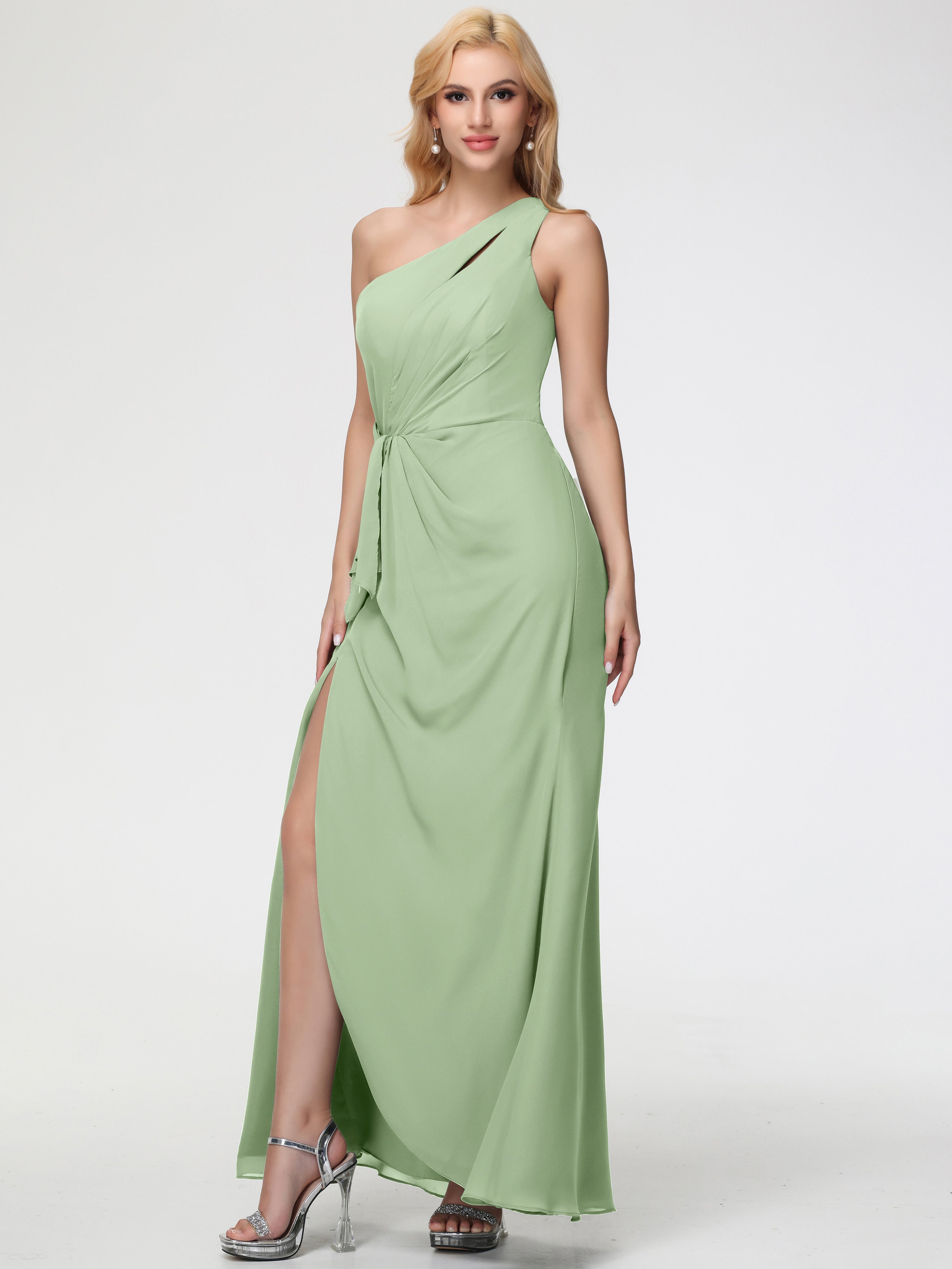 Robes De Demoiselle D'Honneur Vert Sauge Poussiéreux Seule-Épaule Fendue Trapèze Mousseline Robe Demoiselle D'Honneur