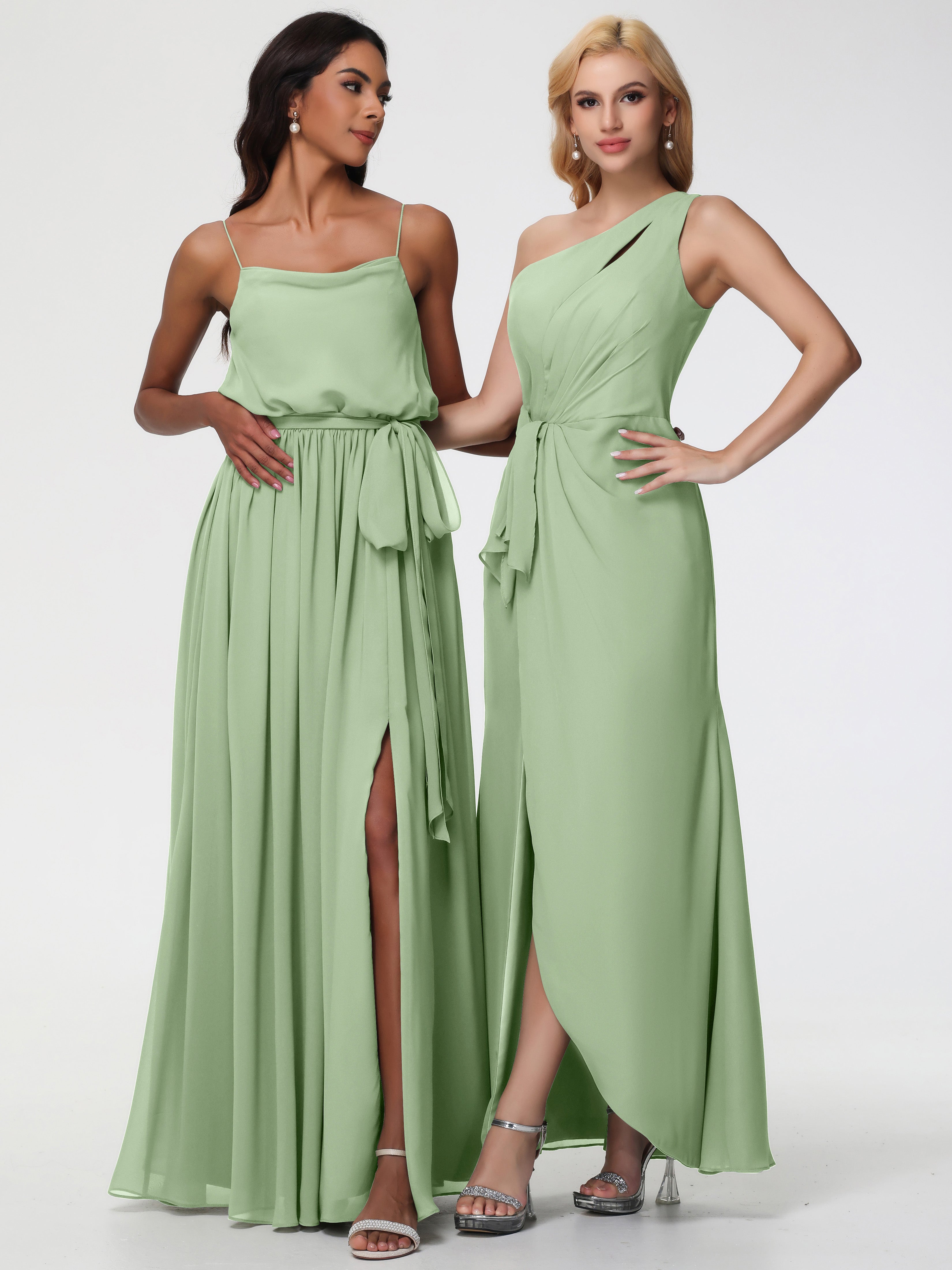 Robes De Demoiselle D'Honneur Vert Sauge Poussiéreux Seule-Épaule Fendue Trapèze Mousseline Robe Demoiselle D'Honneur