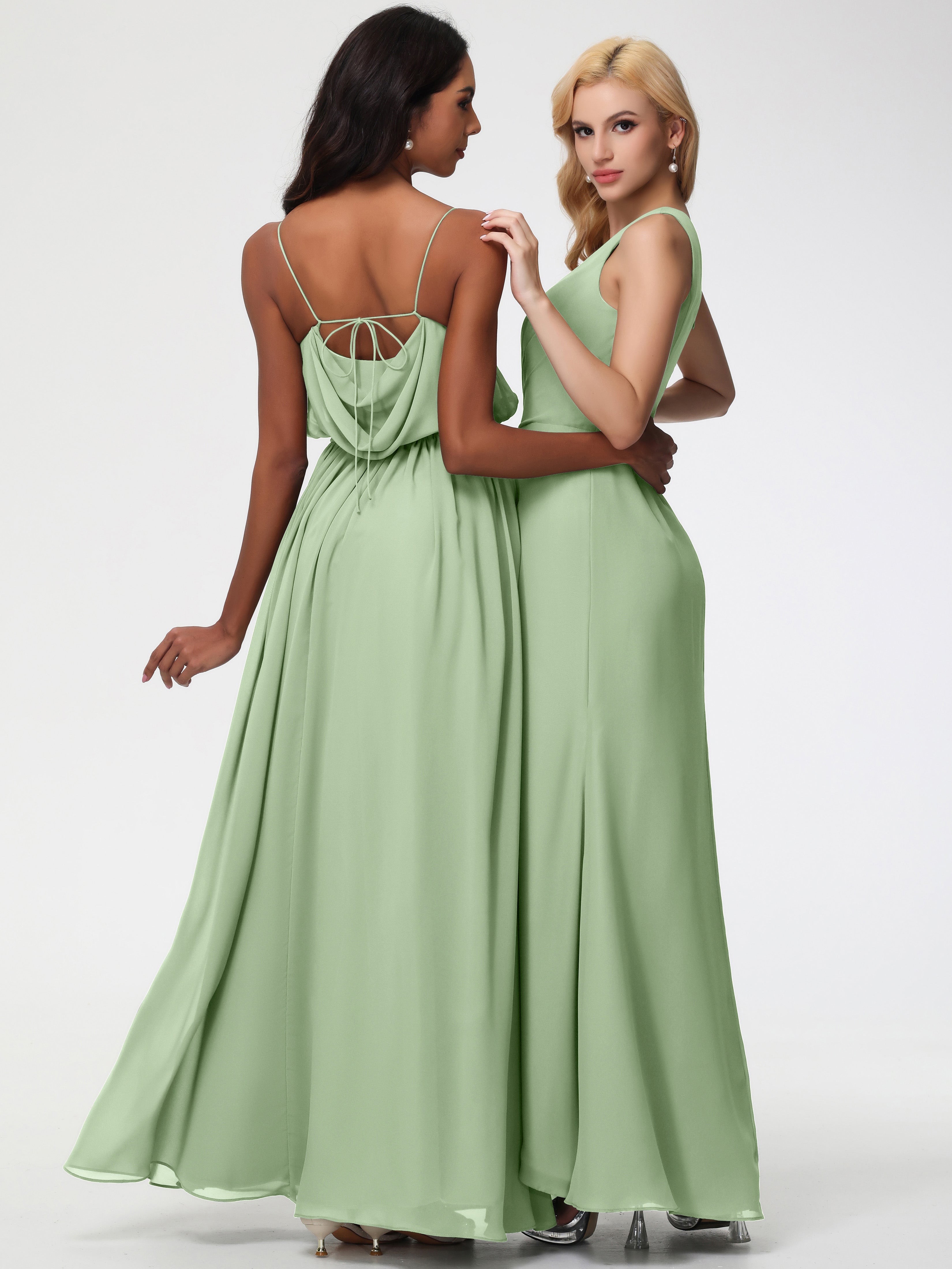 Robes De Demoiselle D'Honneur Vert Sauge Poussiéreux Seule-Épaule Fendue Trapèze Mousseline Robe Demoiselle D'Honneur