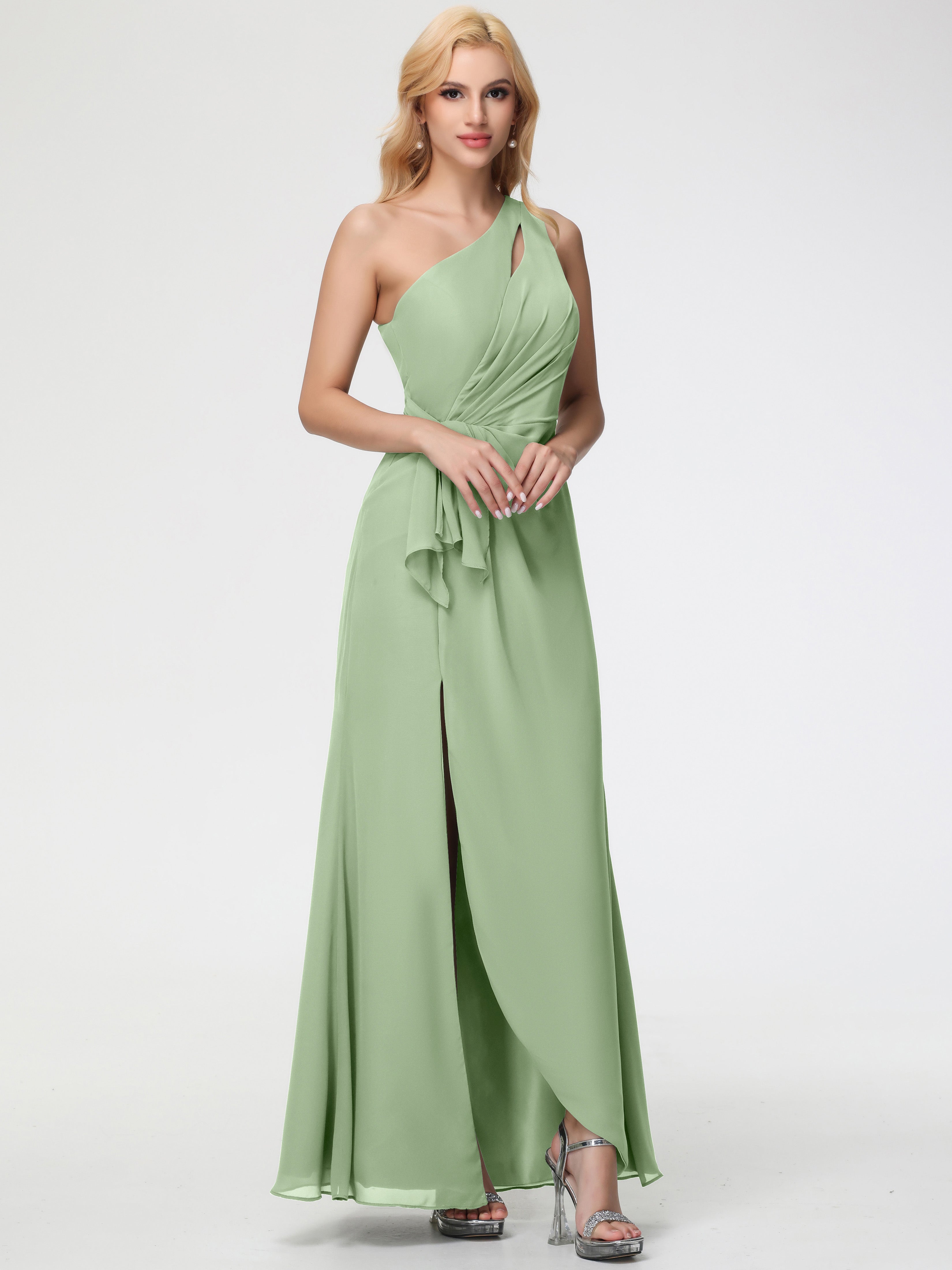 Robes De Demoiselle D'Honneur Vert Sauge Poussiéreux Seule-Épaule Fendue Trapèze Mousseline Robe Demoiselle D'Honneur