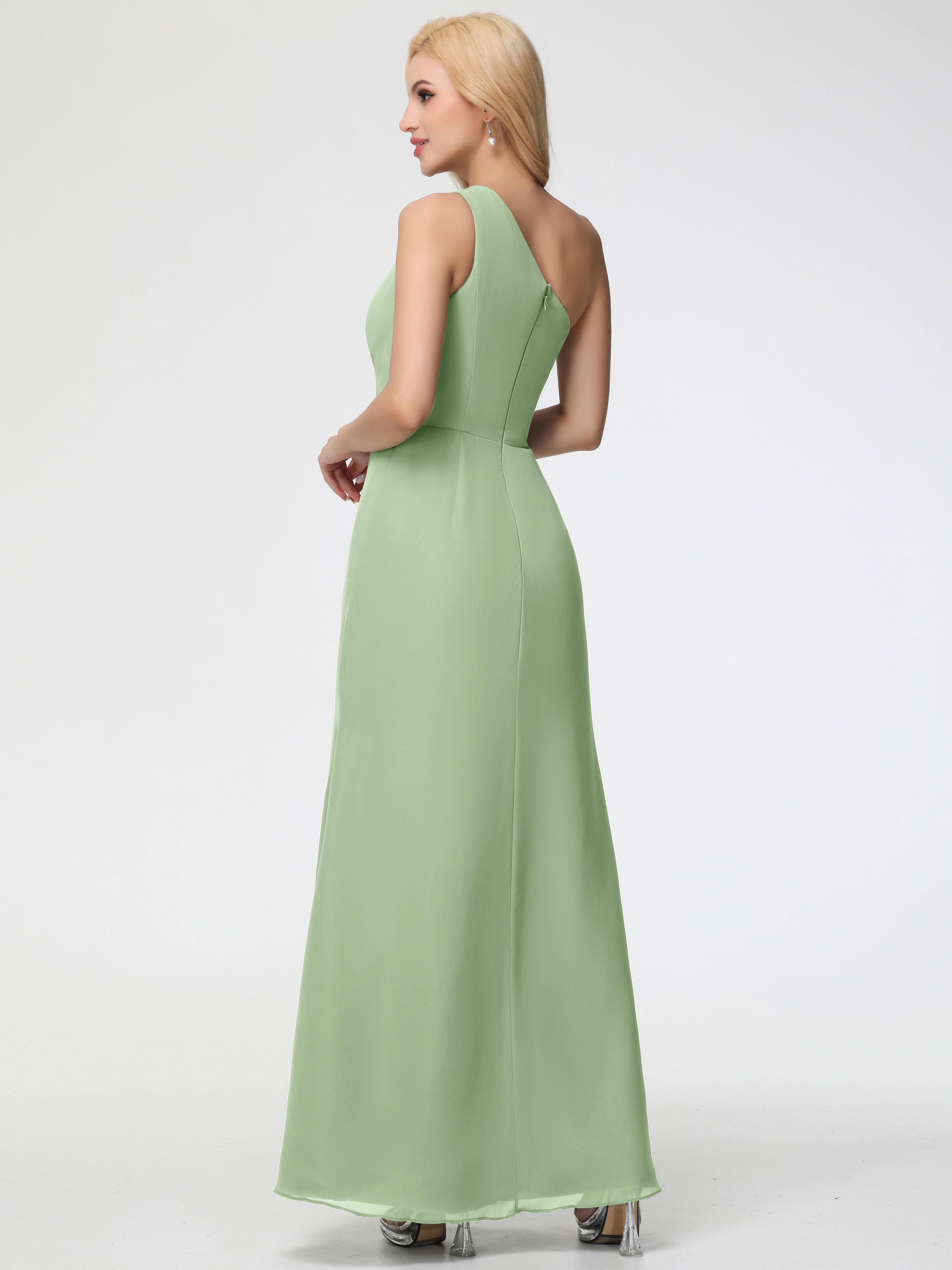 Robes De Demoiselle D'Honneur Vert Sauge Poussiéreux Seule-Épaule Fendue Trapèze Mousseline Robe Demoiselle D'Honneur