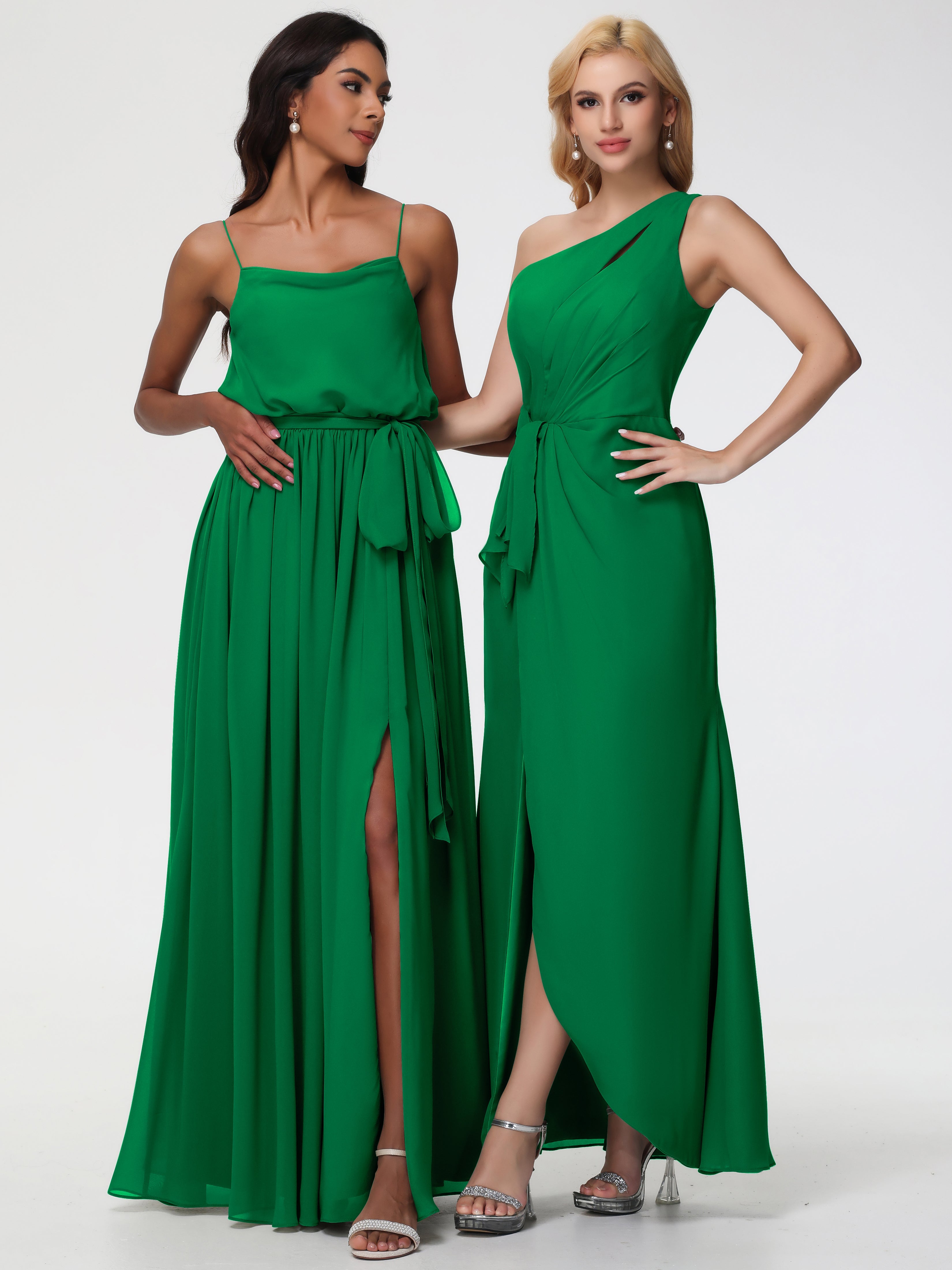 Robe Demoiselle D Honneur Vert Émeraude Seule-Épaule Fendue Trapèze Mousseline Robe Demoiselle D'Honneur