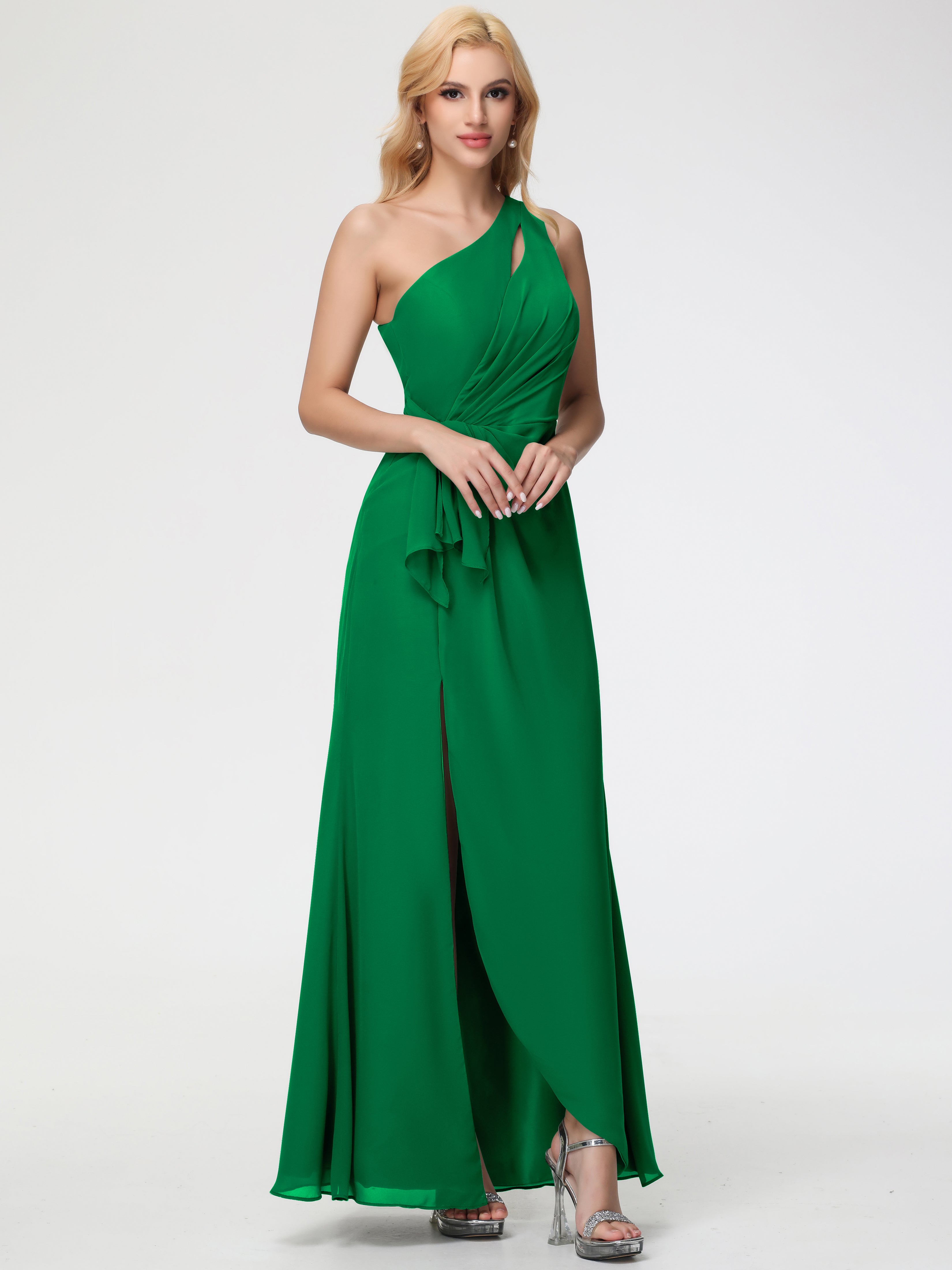 Robe Demoiselle D Honneur Vert Émeraude Seule-Épaule Fendue Trapèze Mousseline Robe Demoiselle D'Honneur