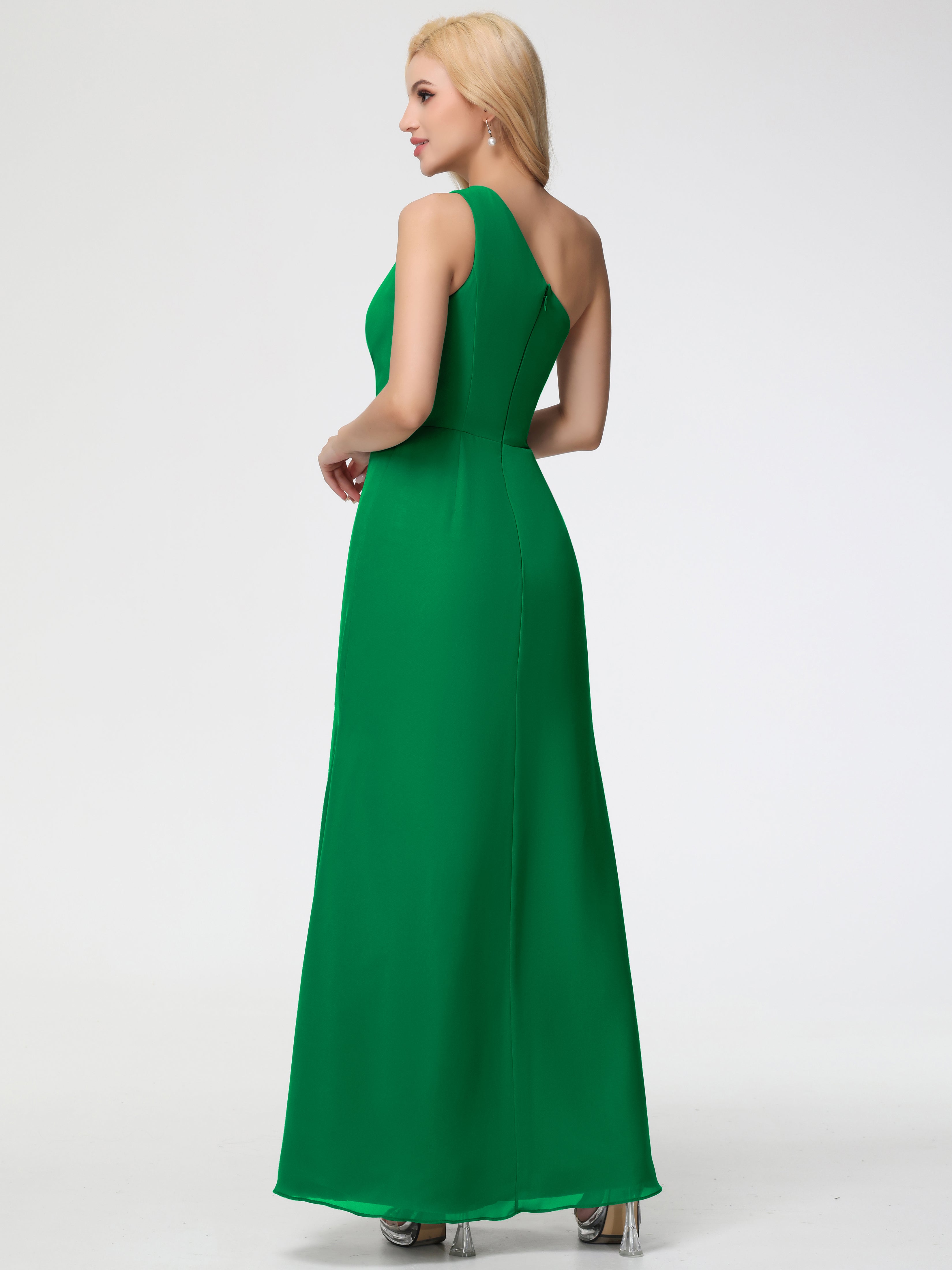 Robe Demoiselle D Honneur Vert Émeraude Seule-Épaule Fendue Trapèze Mousseline Robe Demoiselle D'Honneur
