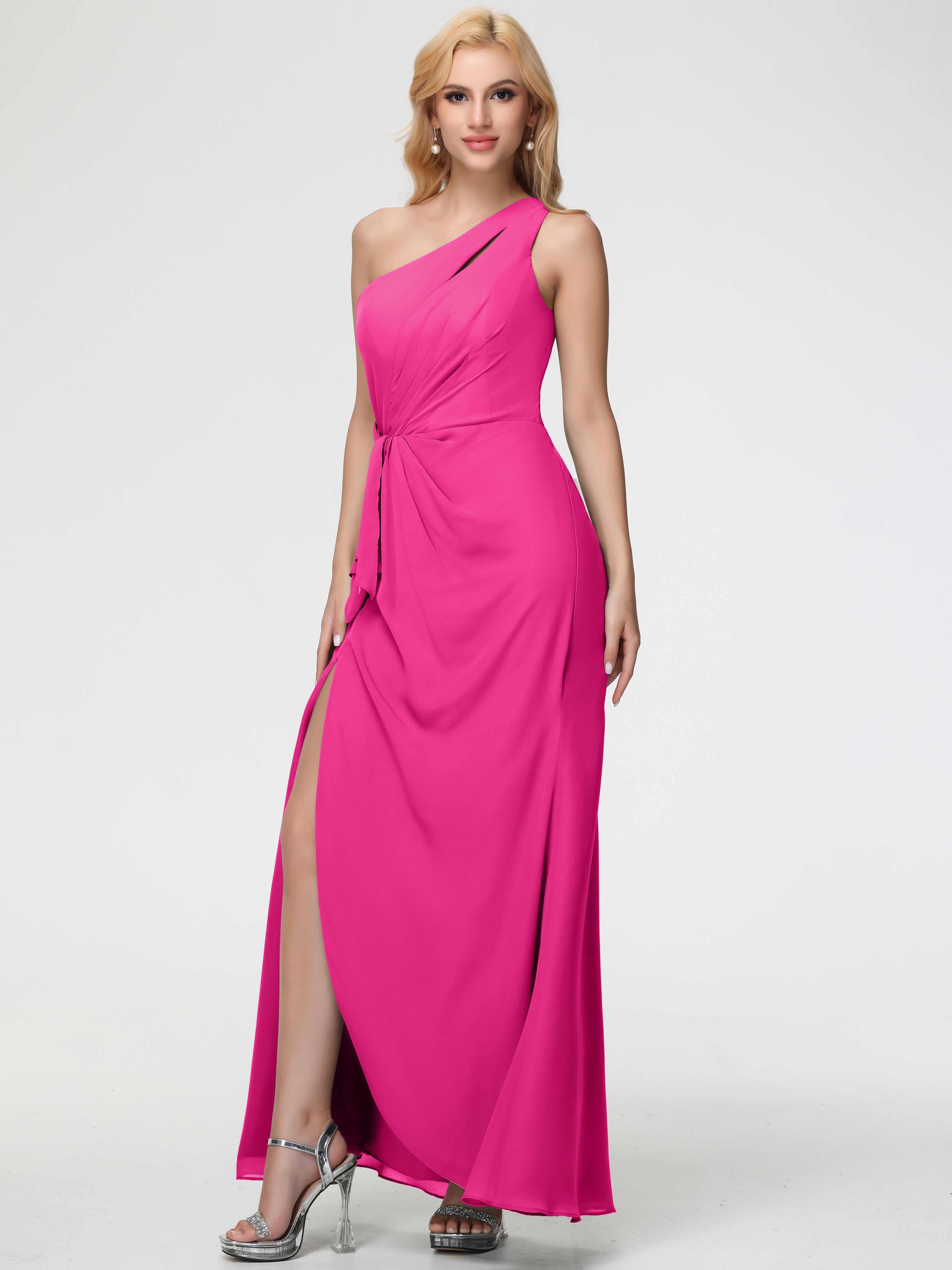 Robe Rose Fuchsia Demoiselle D Honneur Seule-Épaule Fendue Trapèze Mousseline Robe Demoiselle D'Honneur